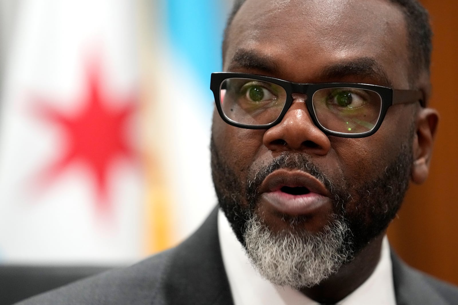 FILE - Chicago Mayor Brandon Johnson responds to a question in his City Hall office during an interview with The Associated Press Monday, May 6, 2024, in Chicago. (AP Photo/Charles Rex Arbogast, File)