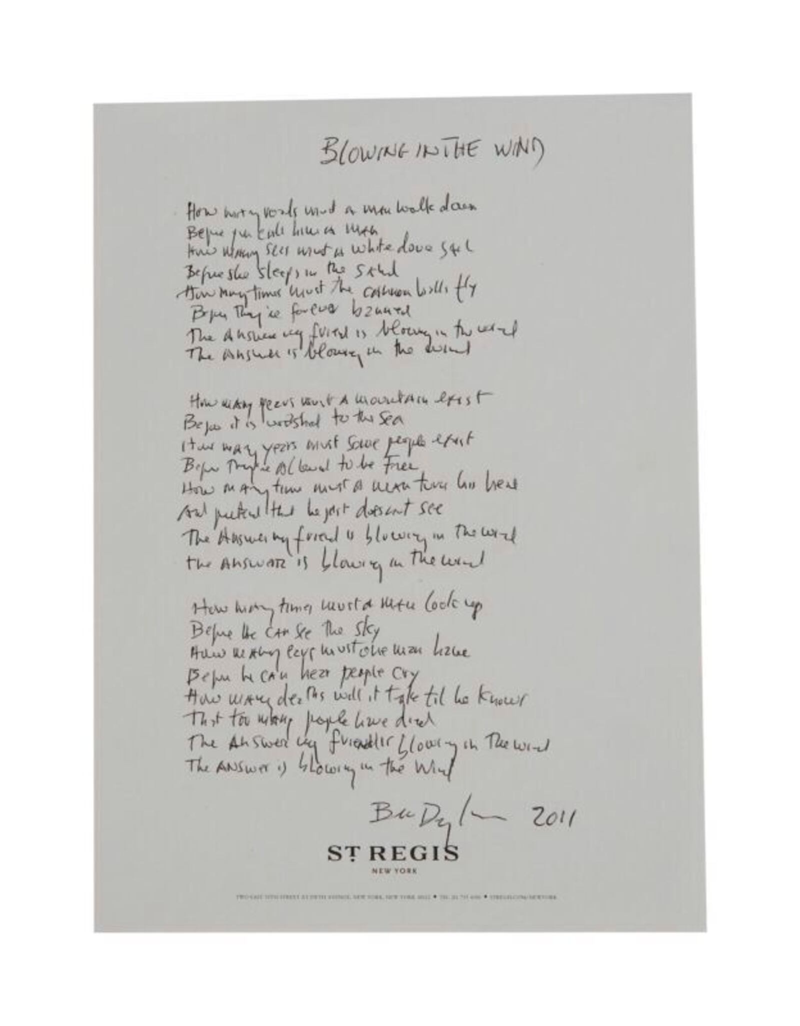 An image released by Julien's Auctions shows musician Bob Dylan's lyrics for famed song "Blowing in the Wind" are show in this undated image. (Julien's Auctions via AP)