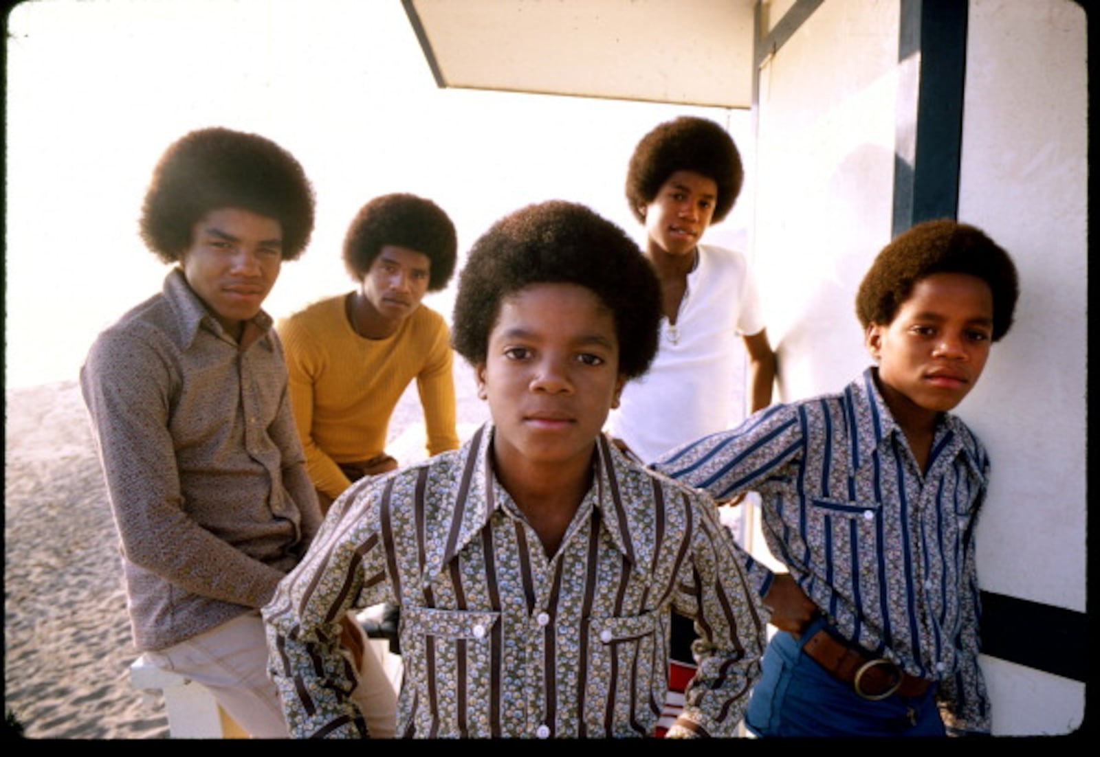 Portrait of sibling American pop music group the Jackson 5 around the time of 'Diana Ross Presents the Jackson 5,' their debut album, Los Angeles, California, 1969. Pictured are Marlon, Jackie, Tito, Jermaine, and Michael Jackson (1958 - 2008) . (Photo by Lawrence Schiller/Polaris Communications/Getty Images)