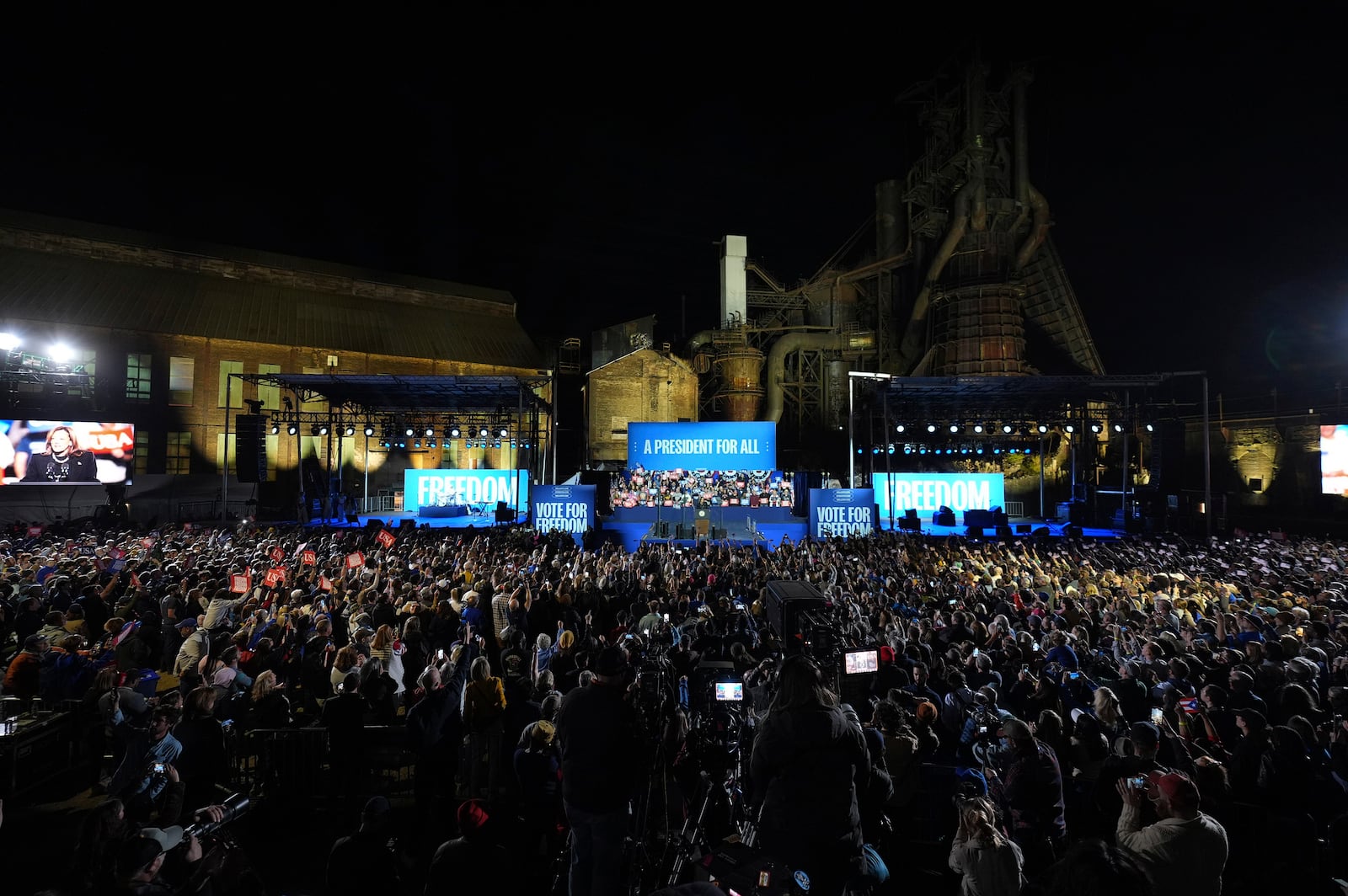 Democratic presidential nominee Vice President Kamala Harris speaks during a campaign rally at Carrie Blast Furnaces in Pittsburgh, Monday, Nov. 4, 2024. (AP Photo/Gene J. Puskar)