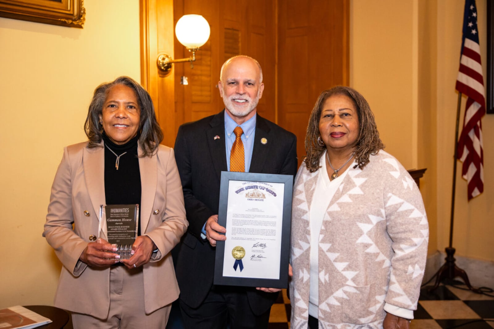 Ohio Humanities honored and recognized the Gammon House in Springfield as a finalists for the Descutner-Burnier Award. In this photo is Gammon House board members Dorris Daniel (left) and Gail Grant (right) pictured with State Senator Kyle Koehler (center). Contributed