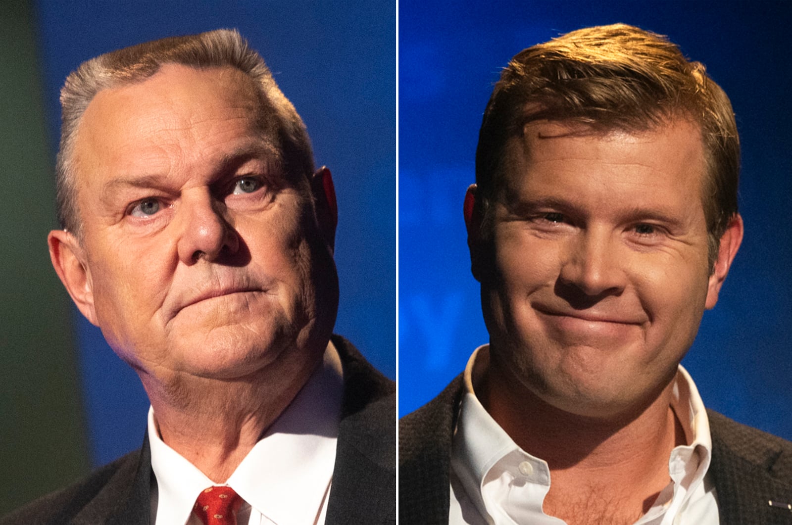 FILE - This combination of images shows from left, U.S. Sen. Jon Tester, and opponent, Republican Montana Senate candidate Tim Sheehy, during a debate in Missoula, Mont., on Sept. 30, 2024. (Ben Allan Smith/The Missoulian via AP, File)