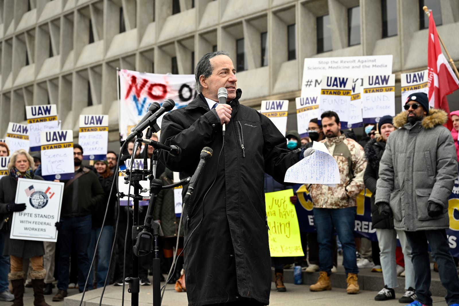 Rep. Jamie Raskin, D-Md., speaks at a rally at Health and Human Services headquarters to protest the polices of President Donald Trump and Elon Musk Wednesday, Feb. 19, 2025, in Washington. (AP Photo/John McDonnell)