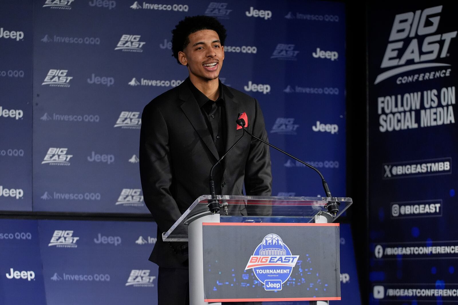 St. John's RJ Lewis speaks during a news conference after being named Big East Conference Player of the Year before the Big East basketball tournament Wednesday, March 12, 2025, in New York. (AP Photo/Frank Franklin II)