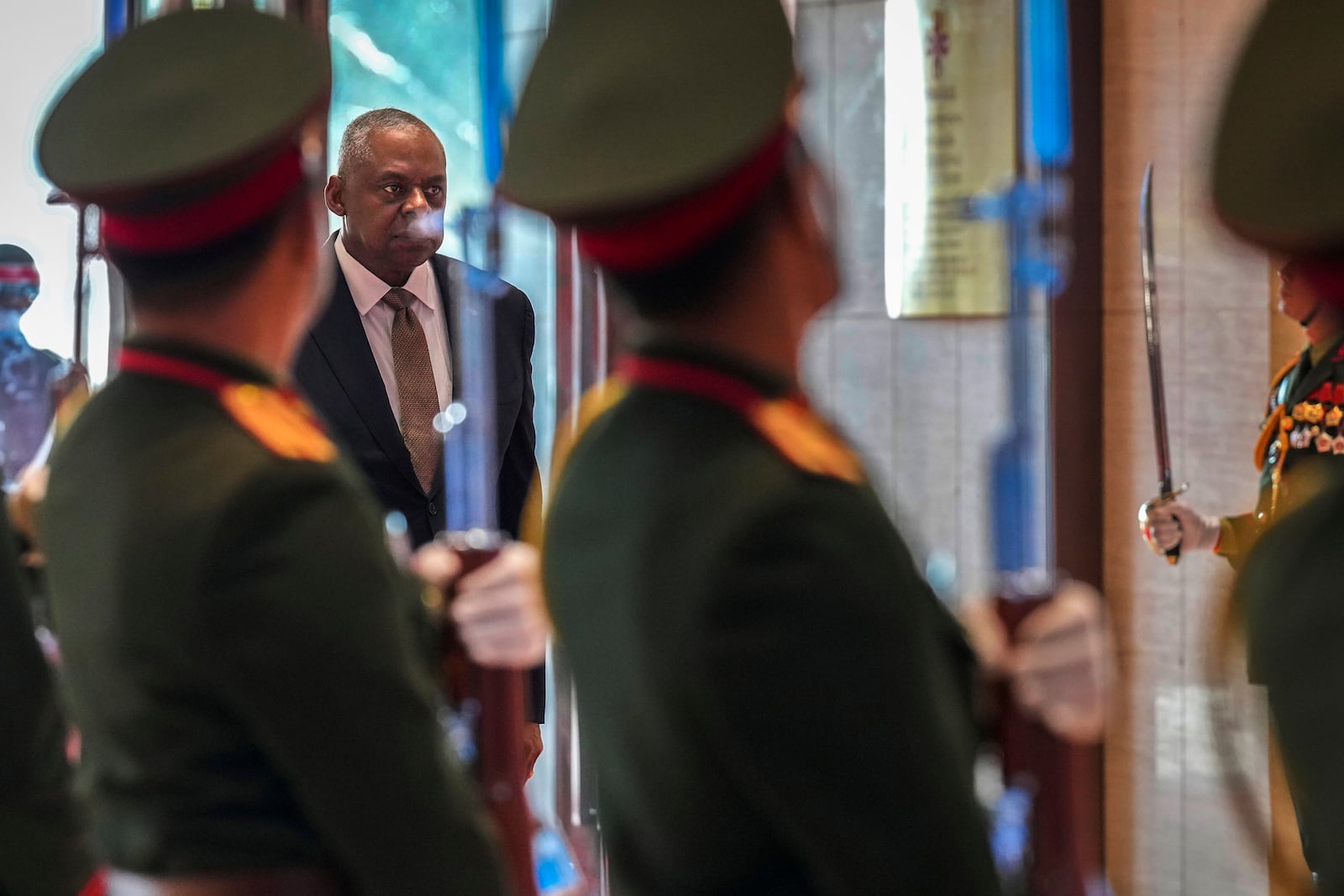 US Defense Secretary Lloyd Austin arrivesto attend the Association of Southeast Asian Nations (ASEAN) defense ministers' meeting in Vientiane, Laos, Thursday, Nov. 21, 2024. (AP Photo/Anupam Nath)