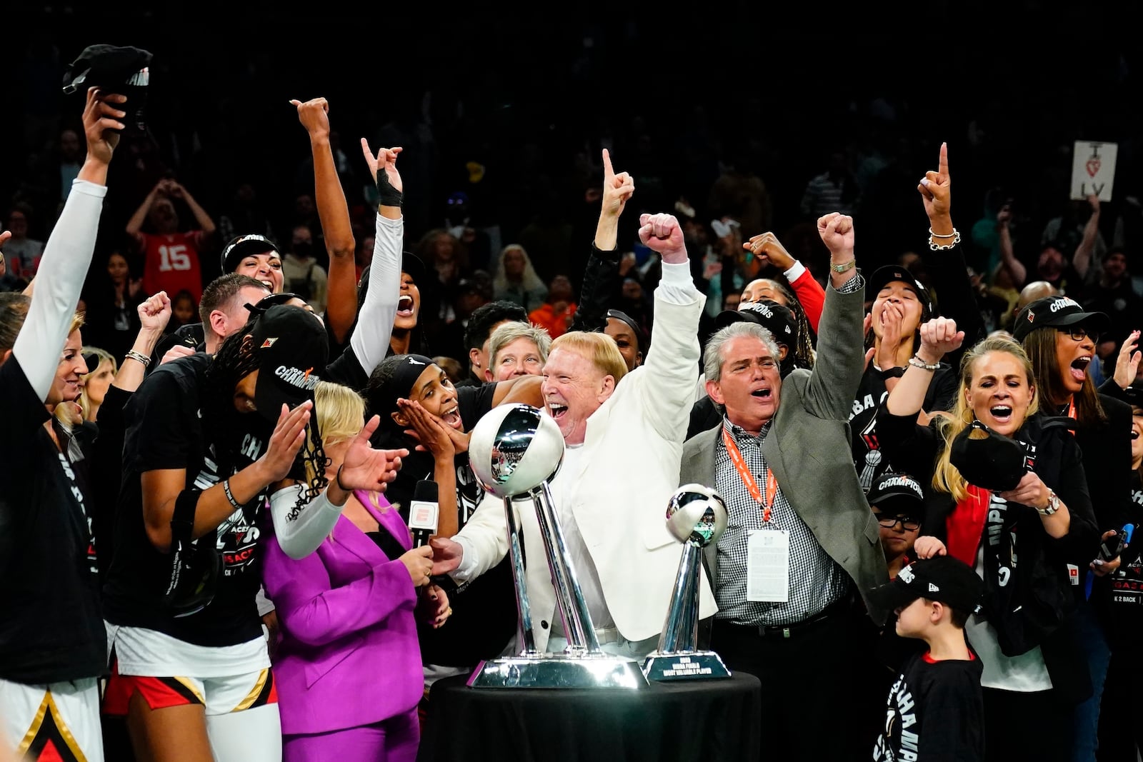 FILE - The Las Vegas Aces celebrate after Game 4 of a WNBA basketball final playoff series against the New York Liberty, Oct. 18, 2023, in New York. (AP Photo/Frank Franklin II, File)