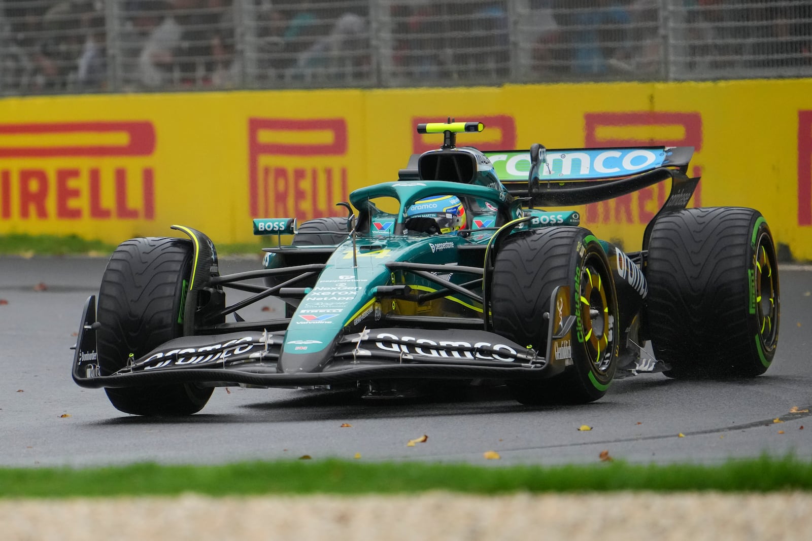 Aston Martin driver Fernando Alonso of Spain steers his car during the Australian Formula One Grand Prix at Albert Park, in Melbourne, Australia, Sunday, March 16, 2025. (AP Photo/Scott Barbour)