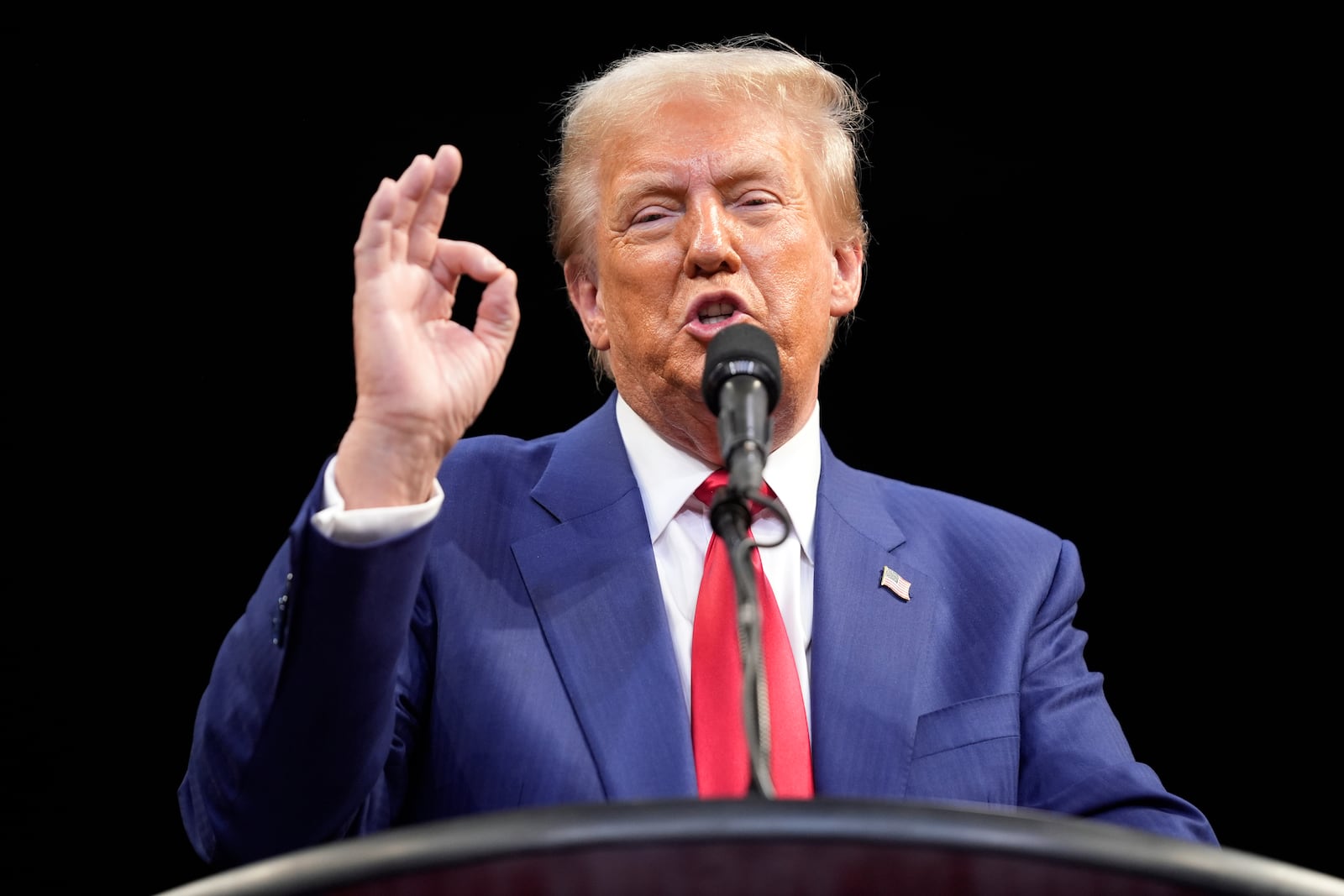 Republican presidential nominee former President Donald Trump speaks at a campaign rally at the Findlay Toyota Arena Sunday, Oct. 13, 2024, in Prescott Valley, Ariz. (AP Photo/Evan Vucci)