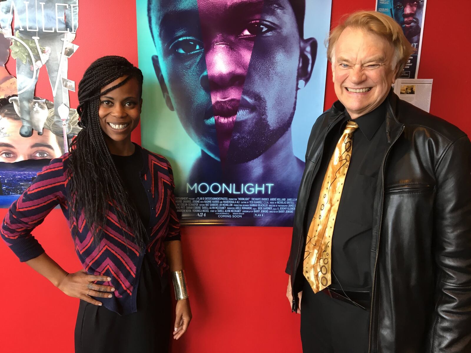 Film production designer Hannah Beachler is shown at The Neon movie theater in Dayton in connection with her award-winning film, “Moonlight.” Pictured with her is Wright State professor Stewart McDowell. CONTRIBUTED