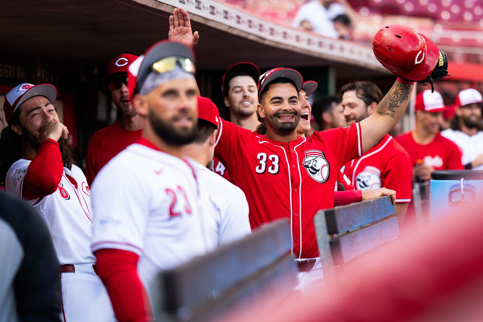 Christian Encarnacion-Strand (33) of the Cincinnati Reds reacts to a play during Monday's intrasquad scrimmage at Great American Ball Park. Emilee Chinn/Cincinnati Reds