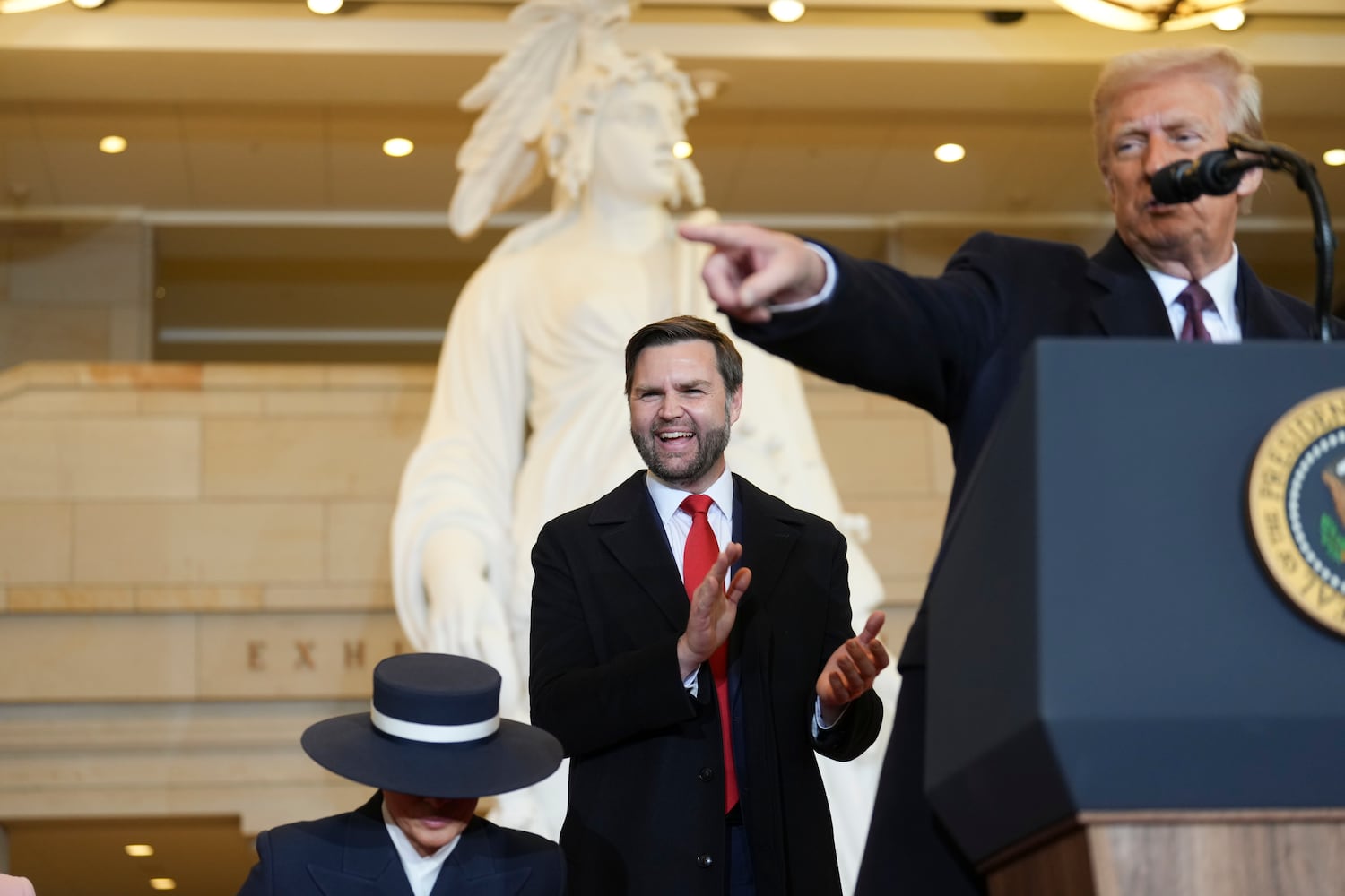 Vice President JD Vance reacts as President Donald Trump delivers remarks to an overflow crowd after his inauguration as the 47th president at the Capitol in Washington on Monday, Jan. 20, 2025. (Doug Mills/The New York Times)