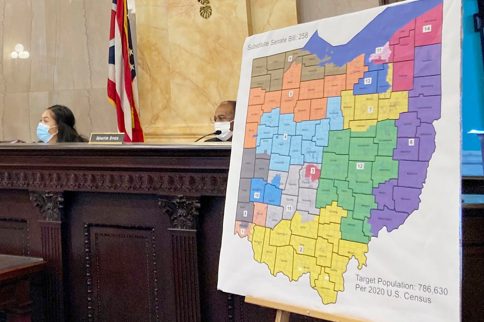 FILE - Members of the Ohio Senate Government Oversight Committee hear testimony on a new map of state congressional districts onNov. 16, 2021, at the Ohio Statehouse in Columbus, Ohio. The Ohio Supreme Court will take yet another look at the legality of the state's congressional districts after the U.S. Supreme Court on Friday, June 30, 2023, set aside a ruling striking down the districts and ordered further consideration of the case. (AP Photo/Julie Carr Smyth, File)