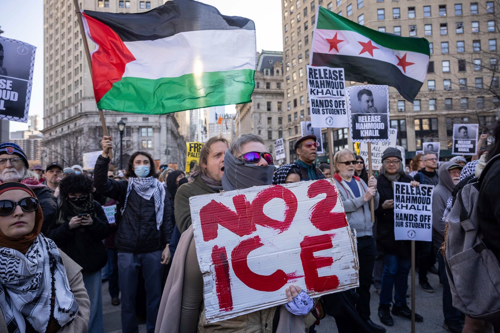 Protesters gather for a demonstration in support of Palestinian activist Mahmoud Khalil, Monday, March 10, 2025, in New York. (AP Photo/Yuki Iwamura)