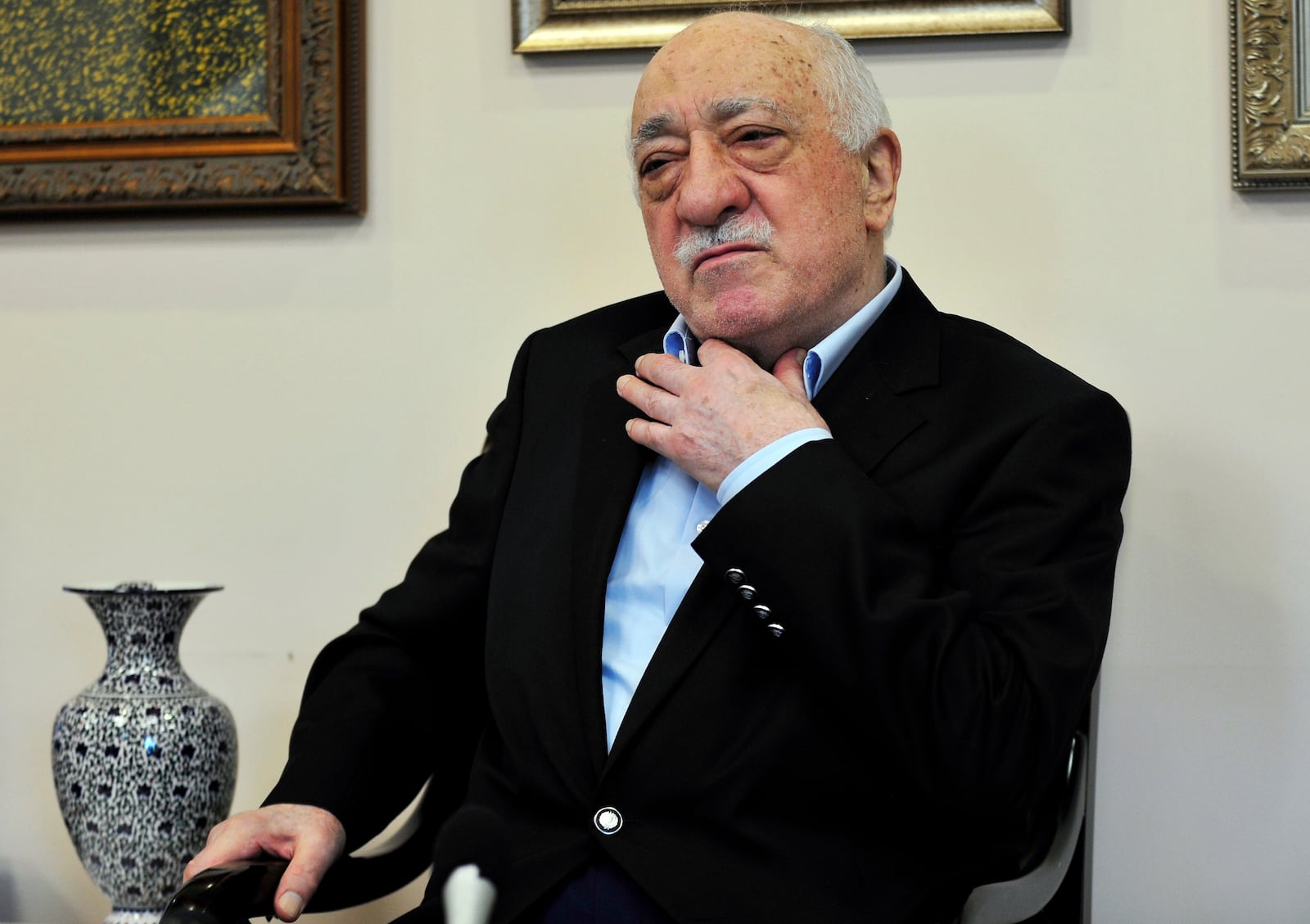 FILE - Turkish Islamic cleric Fethullah Gulen meets members of the media at his compound in Saylorsburg, Pa. in July 2016. (AP Photo/Chris Post, File)