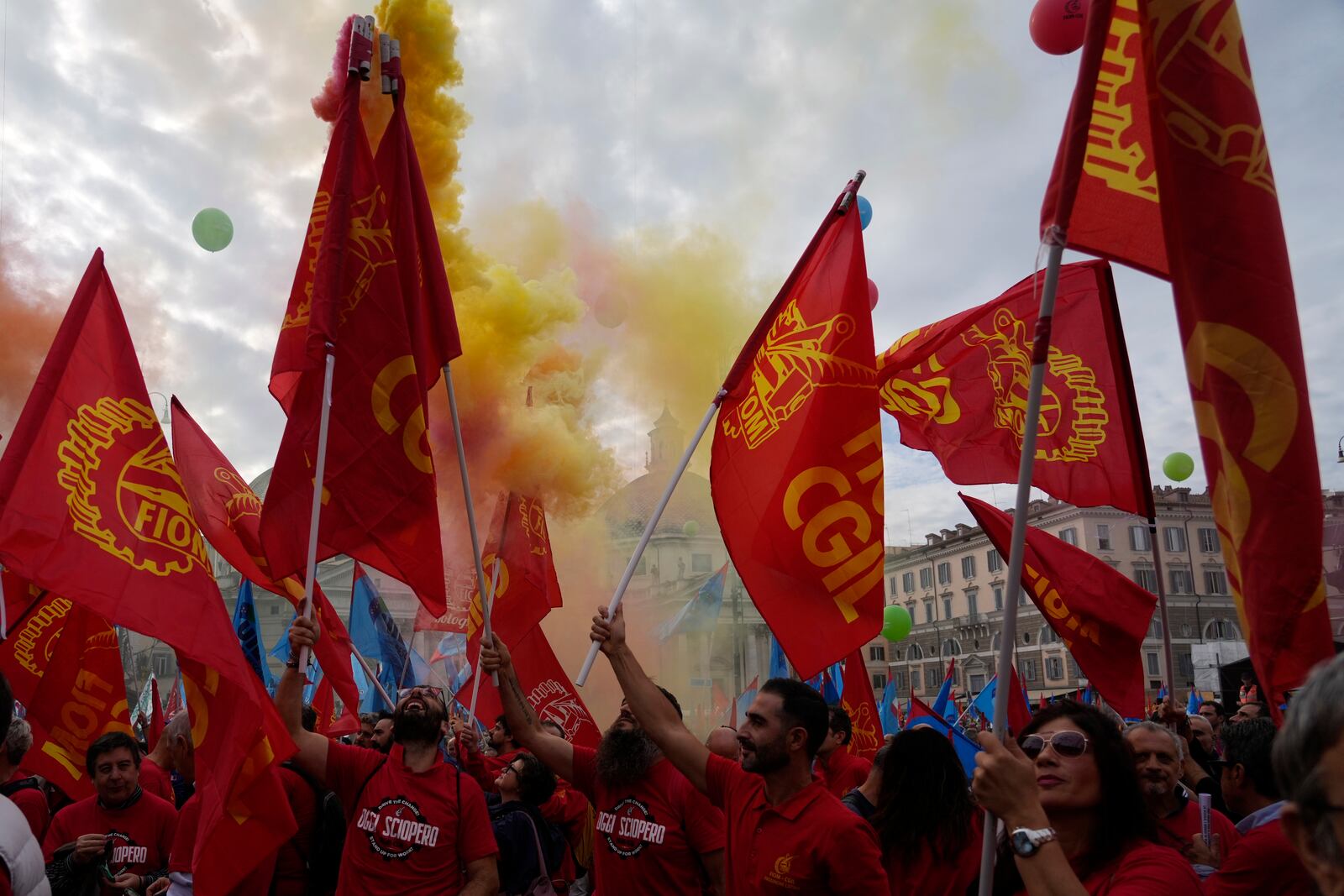 Workers of automotive sector march during a demonstration in Rome on the occasion of their national strike, Friday, Oct. 18, 2024. (AP Photo/Gregorio Borgia)