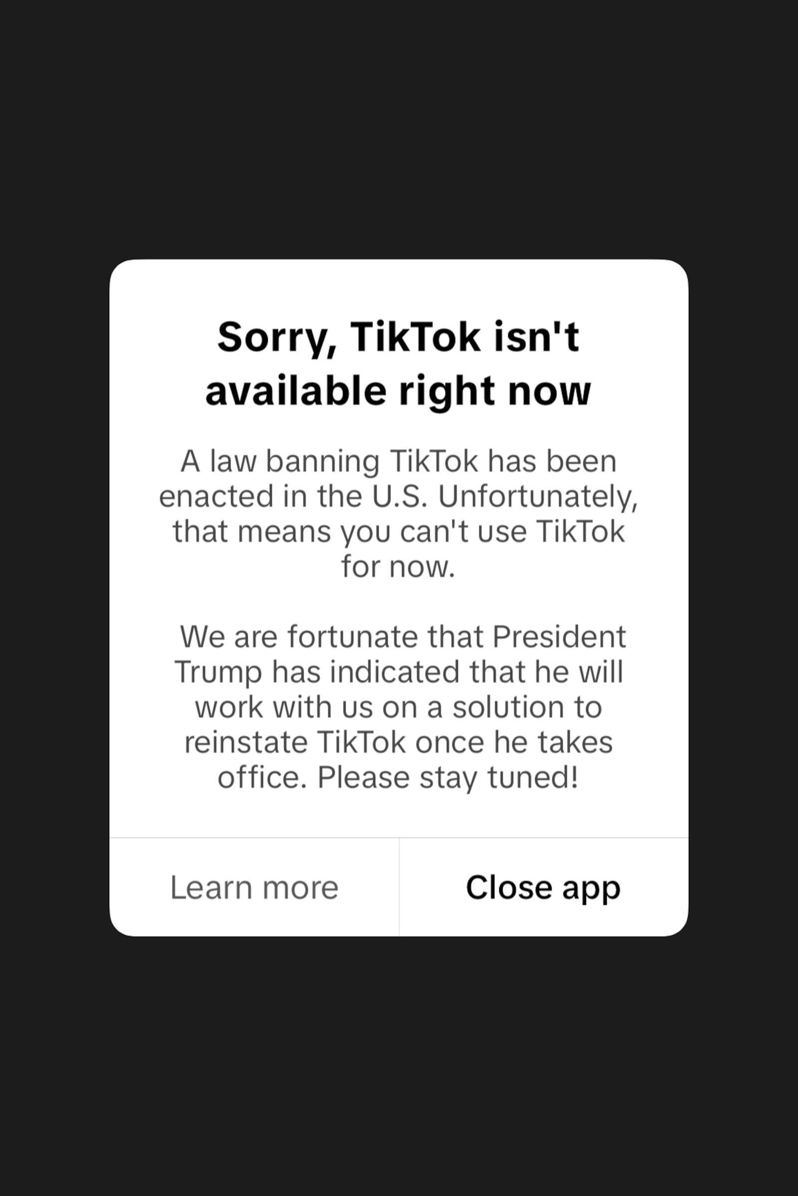 This screenshot from a cell phone displays a message from the TikTok app reading "Sorry, TikTok isn't available right now" on Saturday, Jan. 18, 2025, in San Bruno, Calif. (AP Photo/Stephanie Mullen)