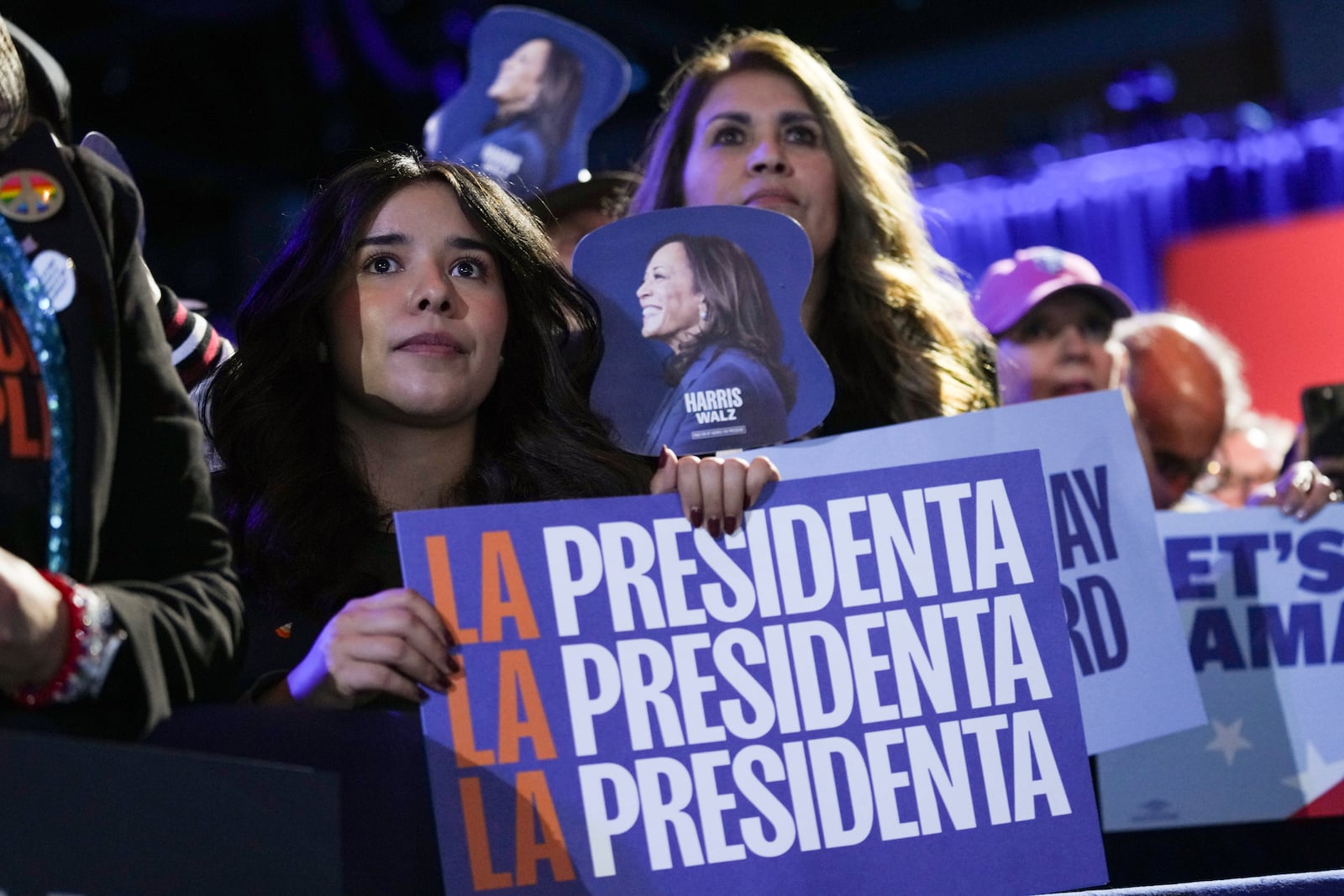 Supporters listen as Democratic presidential nominee Vice President Kamala Harris speaks during a campaign rally at the Reno Events Center in Reno, Nev., Thursday, Oct. 31, 2024. (AP Photo/Susan Walsh)