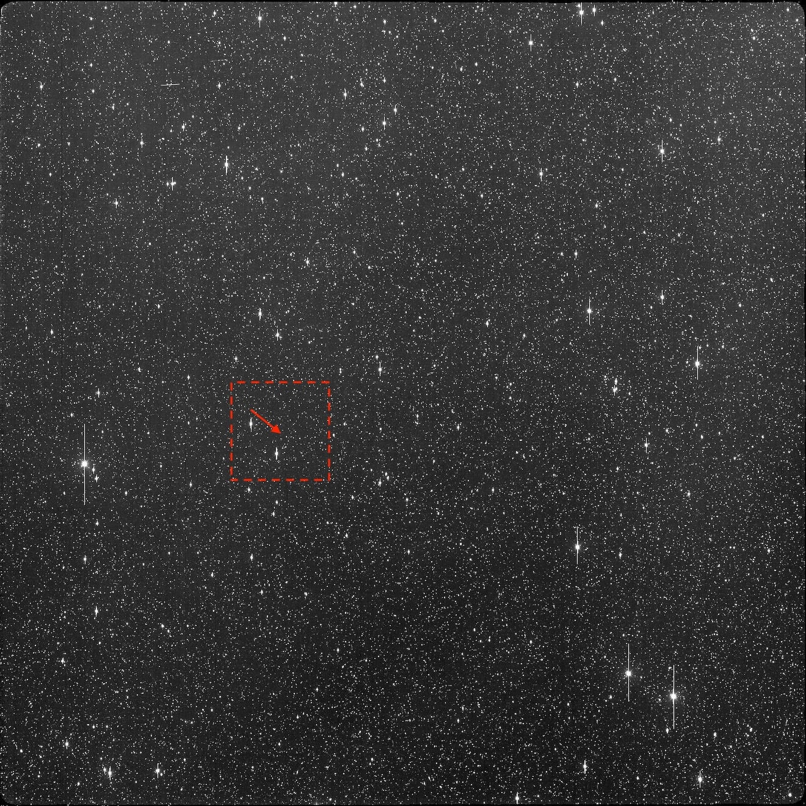 This image made available by University of Hawaii's asteroid impact alert system, shows a scaled-down full ATLAS exposure in which 2024 YR4 was discovered. The arrow points to where the asteroid would be, Dec. 27, 2024. (ATLAS / University of Hawaii / NASA via AP)