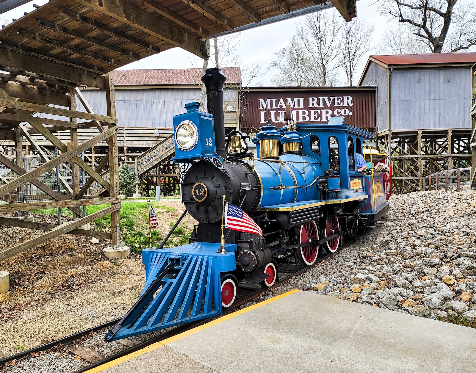 Kings Island held an opening ceremony and ribbon cutting Friday, April 29, 2022 in celebration of their 50th Anniversary. Visitors with the Kings Island & Miami Valley Railroad train after the ceremony. NICK GRAHAM/STAFF