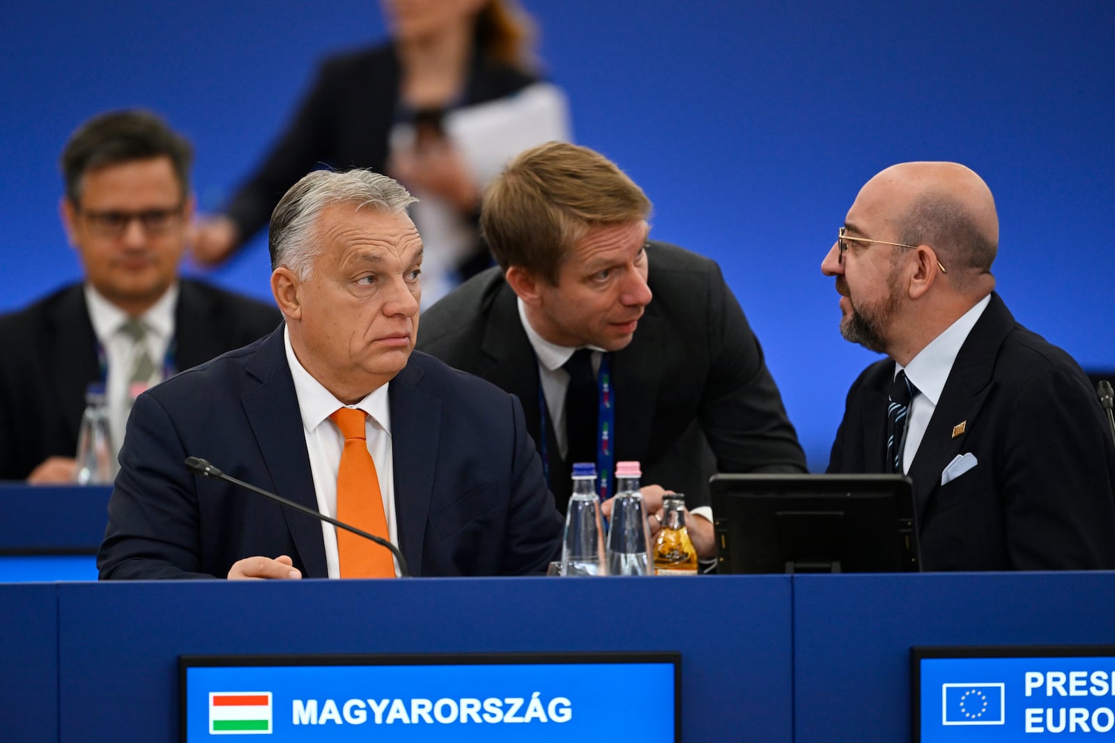 Hungary's Prime Minister Viktor Orban, left, and European Council President Charles Michel, right, wait for the start of a plenary session during an EU Summit at the Puskas Arena in Budapest, Friday, Nov. 8, 2024. (AP Photo/Denes Erdos)