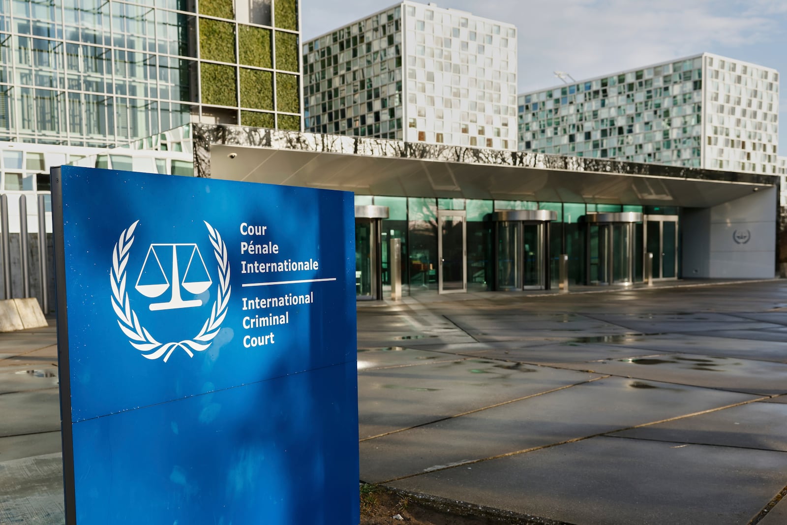 A general view of the exterior of the International Criminal Court in The Hague, Netherlands, Wednesday, March 12, 2025. (AP Photo/Omar Havana)