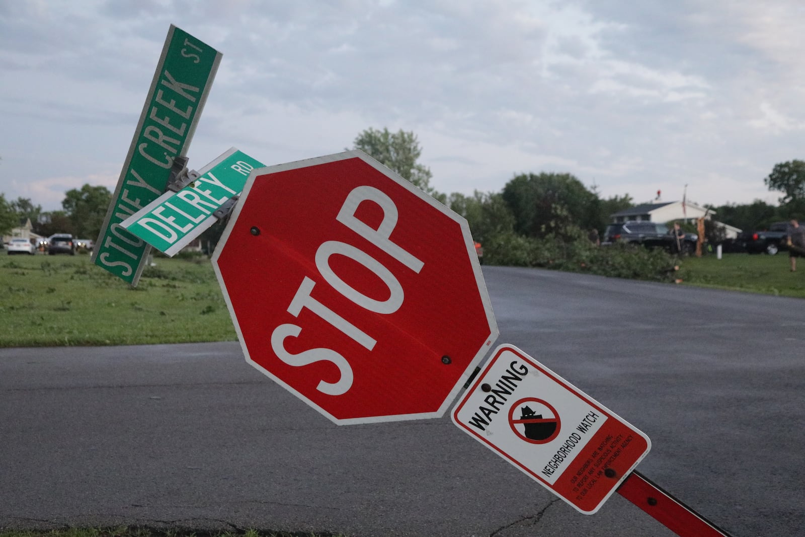 A stop sign in German Twp. is bent Wednesday, June 8, 2022. An EF1 tornado touched down north of Springfield. BILL LACKEY/STAFF