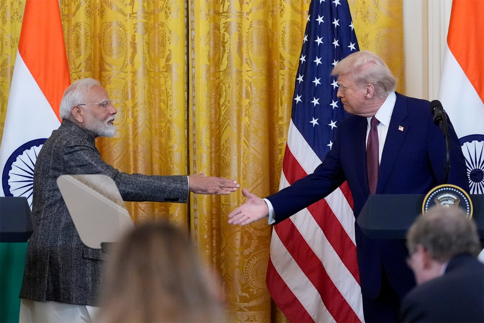 President Donald Trump and India's Prime Minister Narendra Modi shake hands during a news conference in the East Room of the White House, Thursday, Feb. 13, 2025, in Washington. (Photo/Alex Brandon)