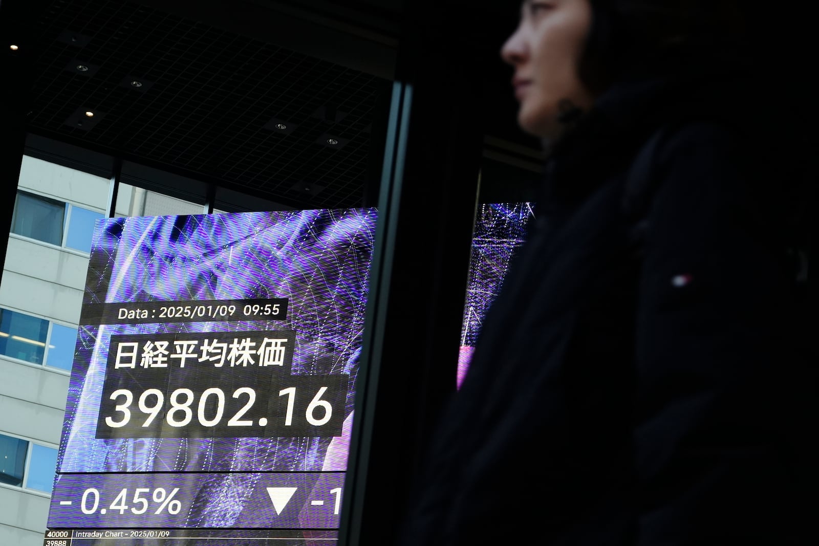 A person walks in front of an electronic stock board showing Japan's Nikkei index at a securities firm Thursday, Jan. 9, 2025, in Tokyo. (AP Photo/Eugene Hoshiko)