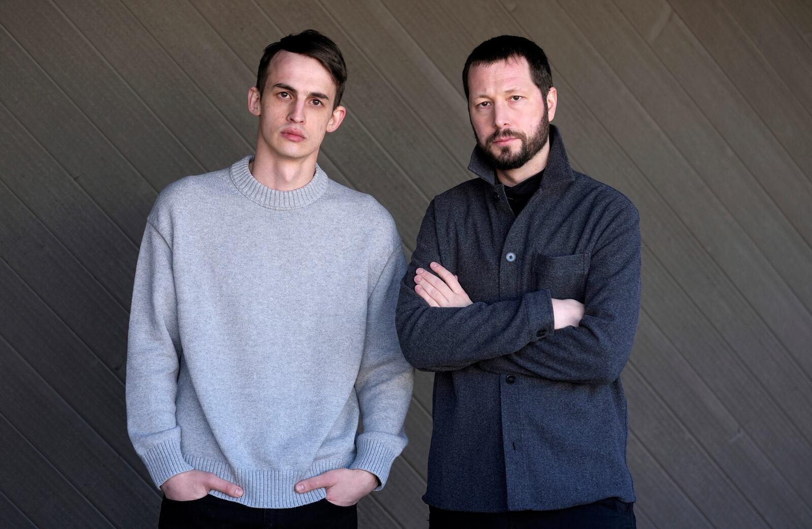 Mstyslav Chernov, right, director of the documentary film "2000 Meters to Andriivka," and co-producer Alex Babenko pose together for a portrait during the Sundance Film Festival on Thursday, Jan. 23, 2025, in Park City, Utah. (AP Photo/Chris Pizzello)