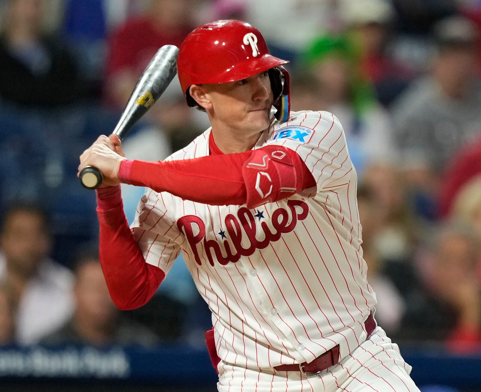 FILE - Philadelphia Phillies' Austin Hays takes an at-bat during a baseball game against the Chicago Cubs, Sept. 24, 2024, in Philadelphia. (AP Photo/Matt Slocum, File)