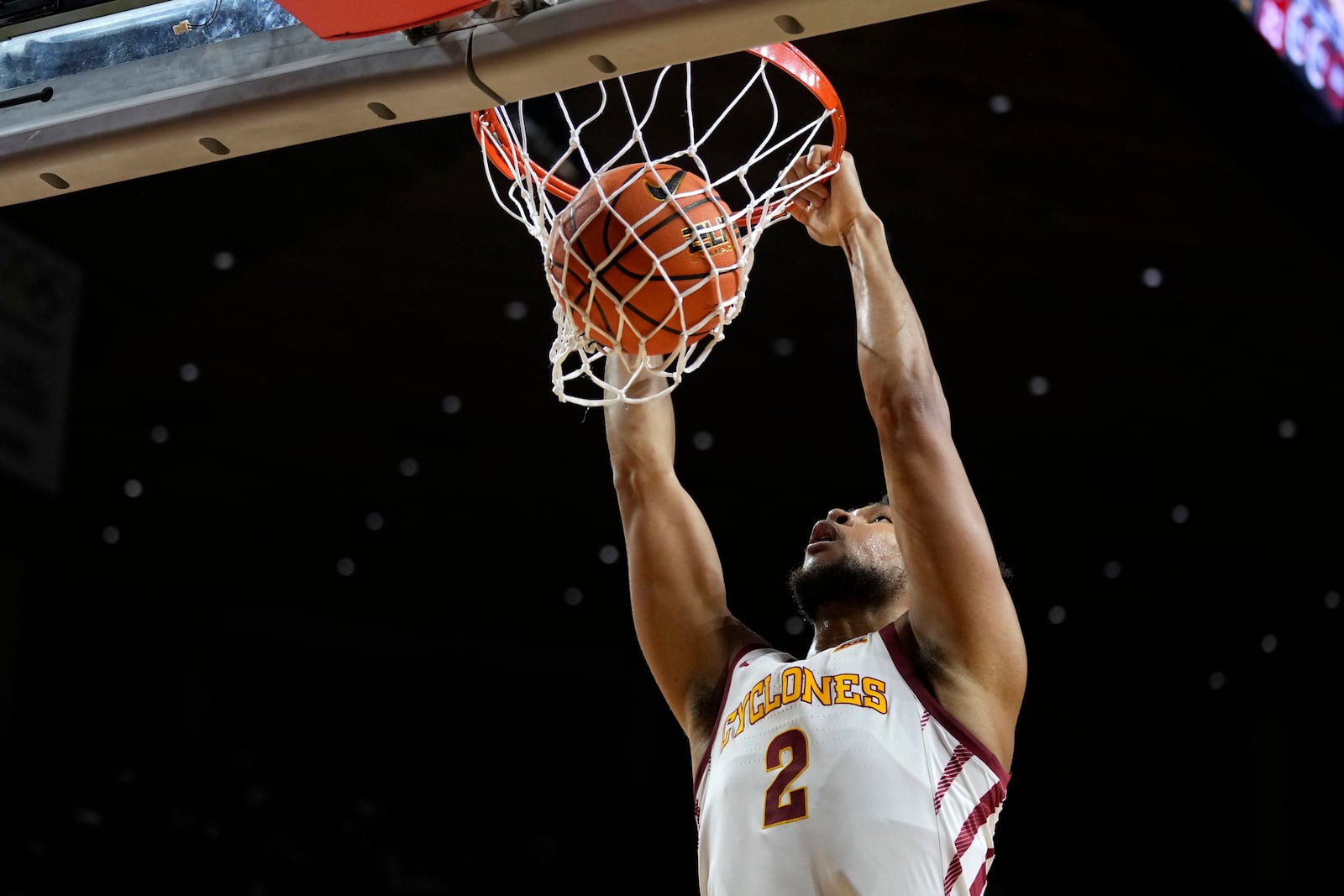 Iowa State forward Joshua Jefferson dunks the ball during the first half of an NCAA college basketball game against IU Indianapolis Monday, Nov. 18, 2024, in Ames, Iowa. (AP Photo/Charlie Neibergall)