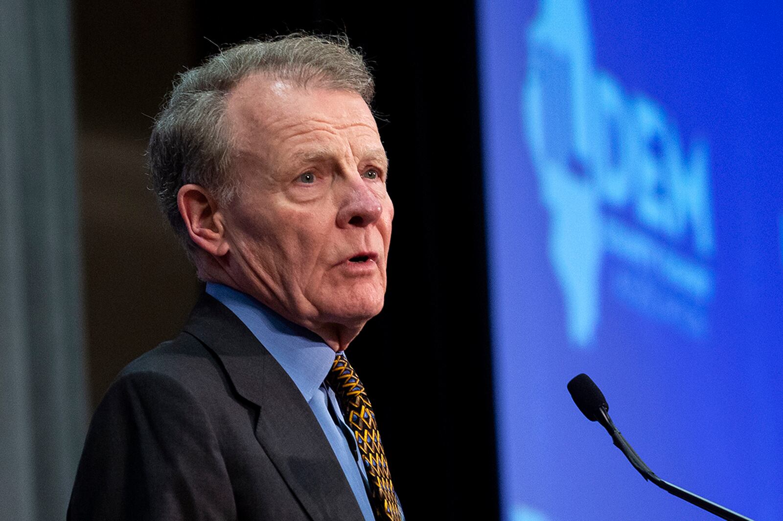 FILE - Then- Illinois House Speaker Michael Madigan, D-Chicago, addresses the Illinois Democratic County Chairs' Association brunch at the Crowne Plaza Thursday, Aug. 16, 2018, in Springfield, Ill., prior to Democrat Day at the Illinois State Fair. (Rich Saal/The State Journal-Register via AP, File)