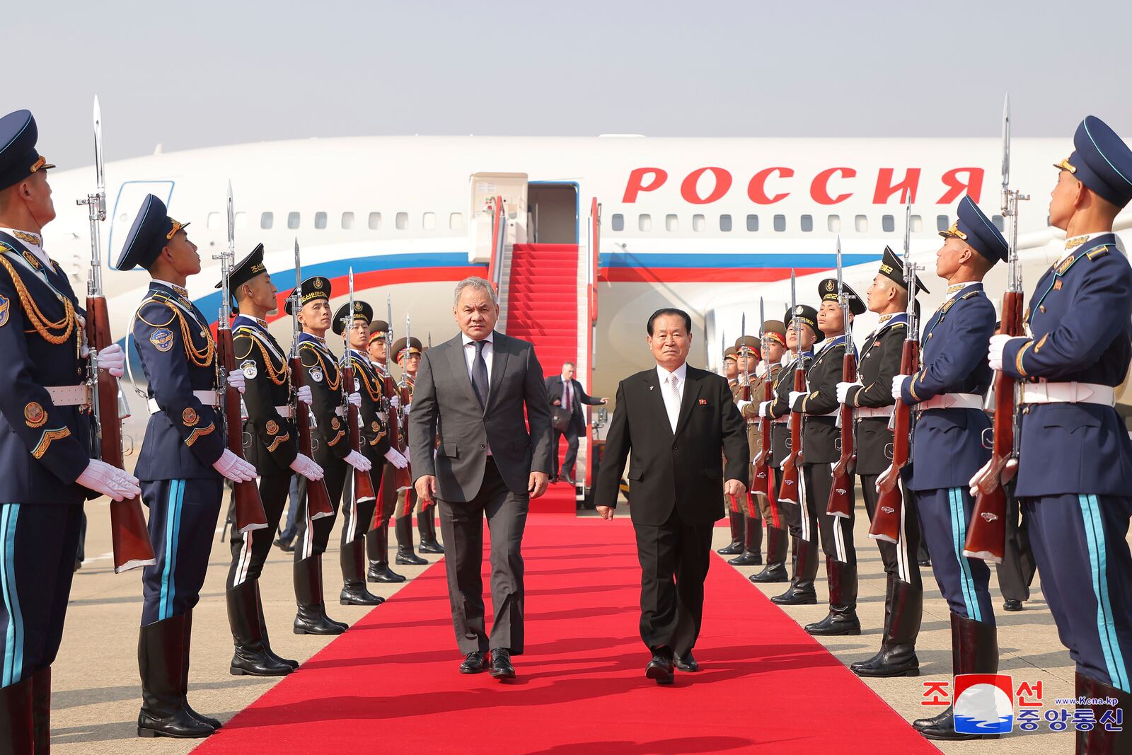 This photo provided by the North Korean government shows Russia's Security Council secretary, Sergey Shoigu, center left, who arrived at Pyongyang Airport being received by Party Secretary Park Chung-cheon, center right on Friday, March 21, 2025. Independent journalists were not given access to cover the event depicted in this image distributed by the North Korean government. The content of this image is as provided and cannot be independently verified. Korean language watermark on image as provided by source reads: "KCNA" which is the abbreviation for Korean Central News Agency. (Korean Central News Agency/Korea News Service via AP)