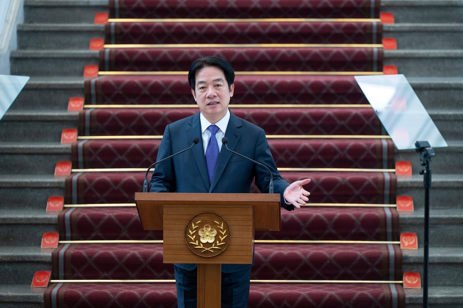 FILE - In this photo released by the Taiwan Presidential Office, Taiwan's President Lai Ching-te speaks at a press conference after a security meeting about U.S. President Trump's tariffs on trade partners and semiconductors at the Presidential office in Taipei, Friday, Feb. 14, 2025. (Taiwan Presidential Office via AP, File)