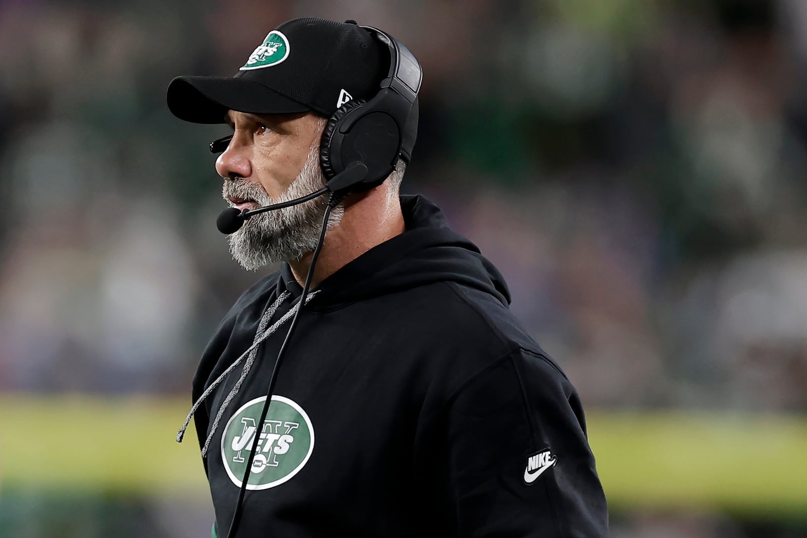 New York Jets interim head coach Jeff Ulbrich watches from the sideline during the first half of an NFL football game against the Buffalo Bills in East Rutherford, N.J., Monday, Oct. 14, 2024. (AP Photo/Adam Hunger)