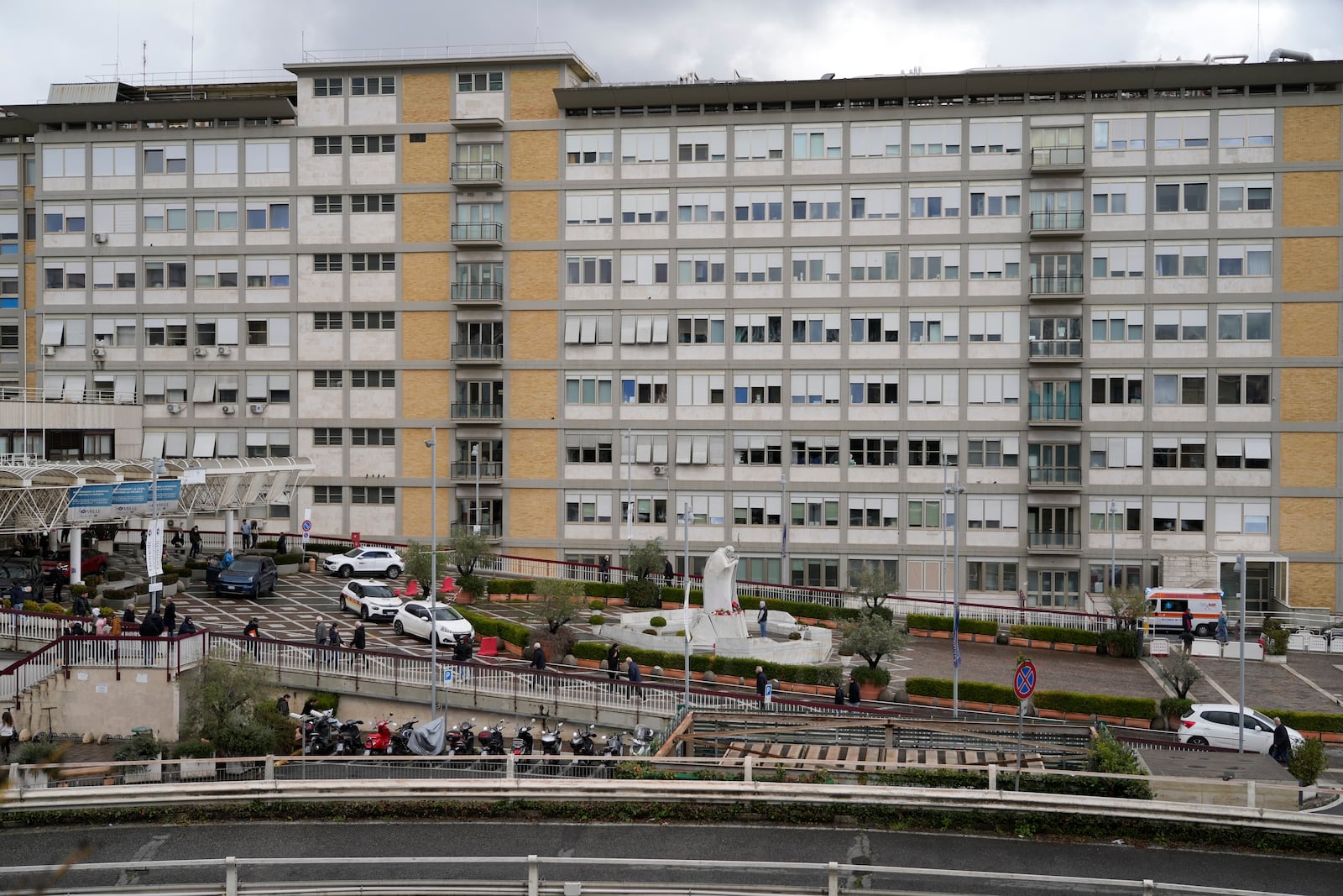 Outside view of the Agostino Gemelli Polyclinic in Rome, Friday, Feb. 14, 2025, where Pope Francis has been hospitalized to undergo some necessary diagnostic tests and to continue his ongoing treatment for bronchitis. (AP Photo/Gregorio Borgia)