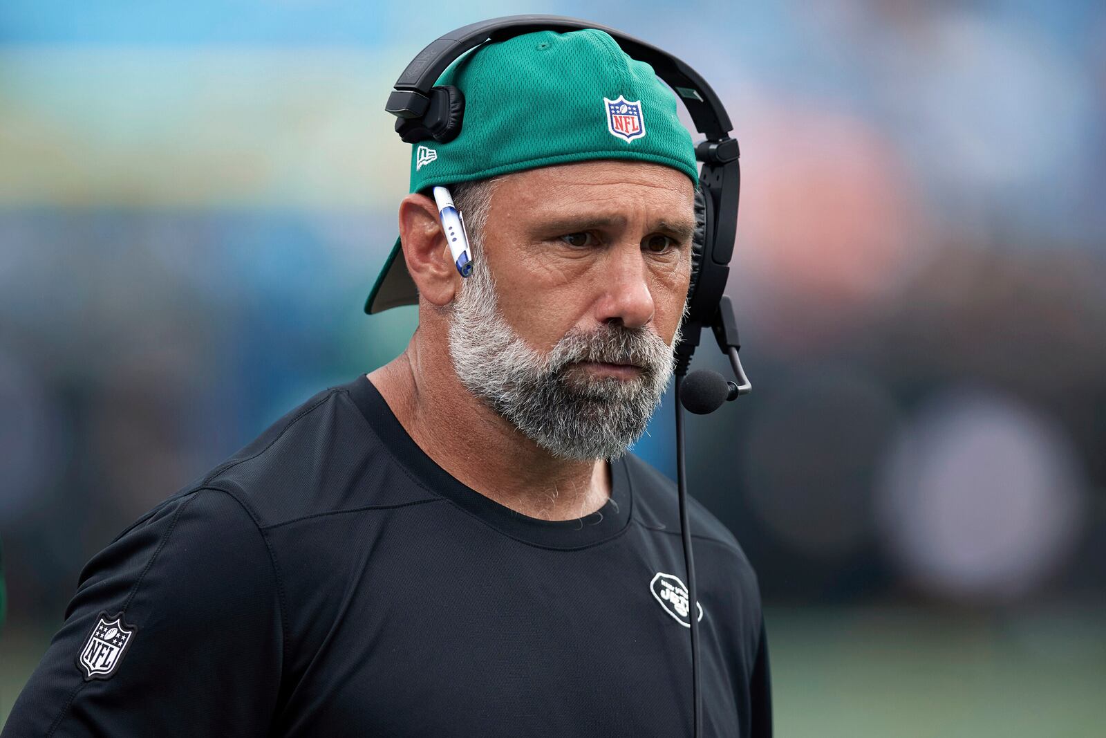 FILE - New York Jets defensive coordinator Jeff Ulbrich walks the sideline during an NFL preseason football game against the Carolina Panthers, Saturday, Aug. 12, 2023, in Charlotte, N.C. (AP Photo/Brian Westerholt, File)