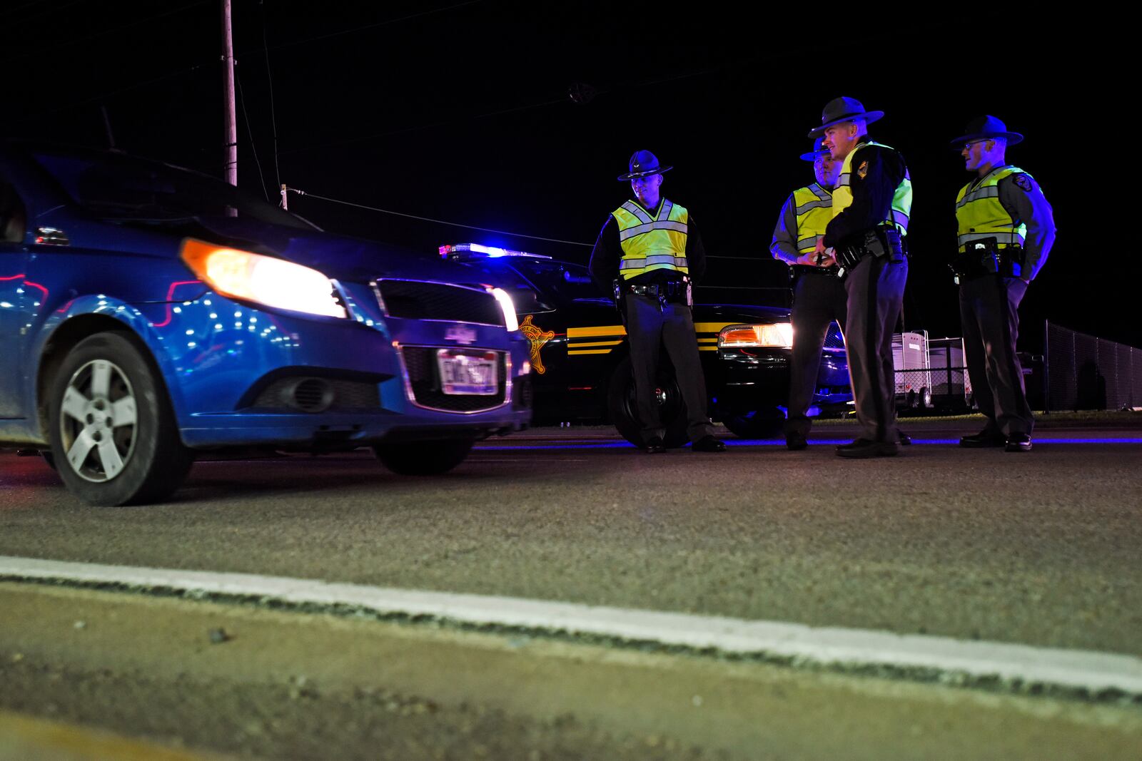 The Butler County OVI Task Force along with the Ohio State Highway Patrol, the Butler County Sheriff’s office and other local law enforcement agencies set up a sobriety checkpoint to check for impaired drivers in 2017. NICK GRAHAM/STAFF