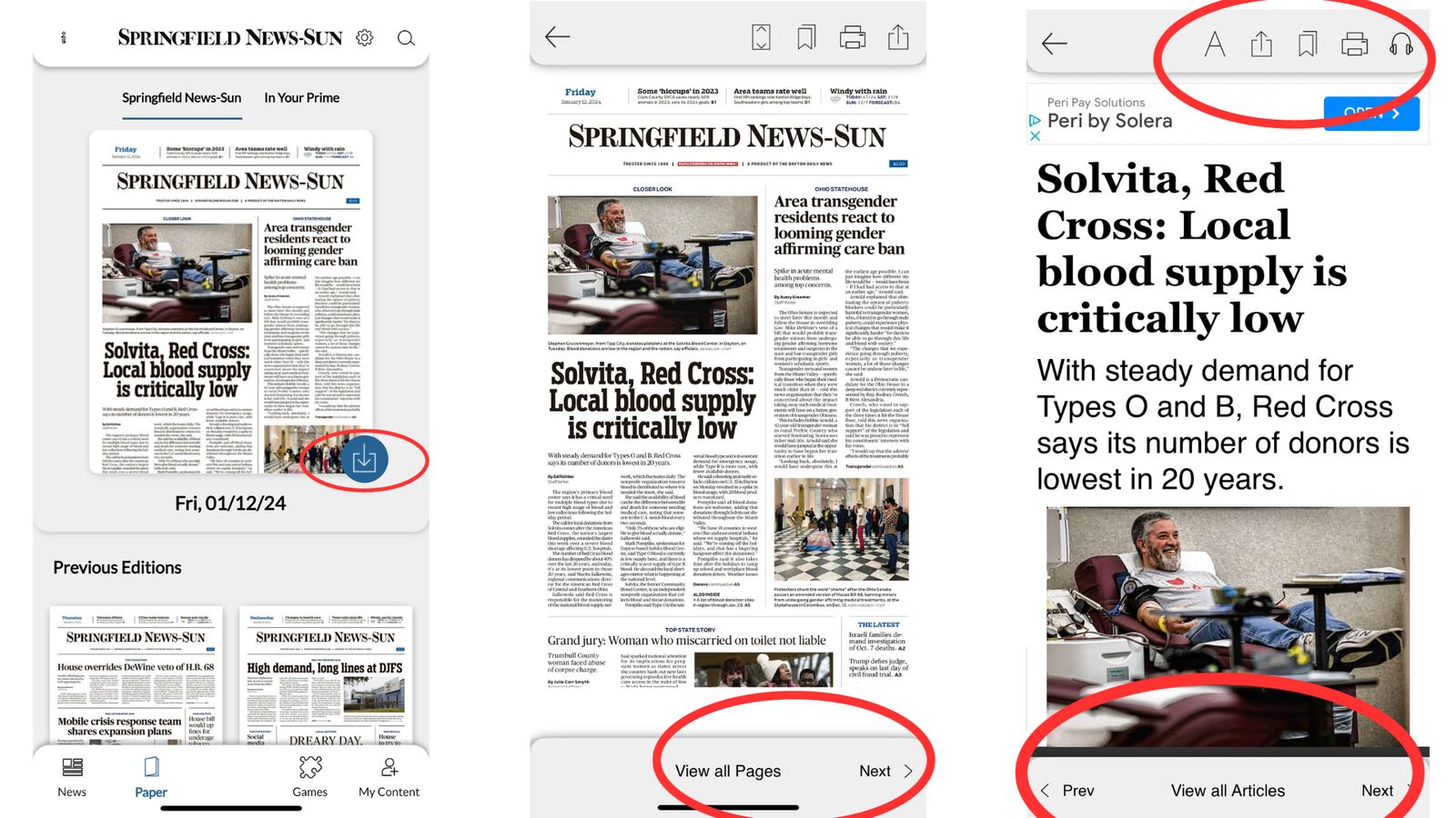 Using the app, here is how you can navigate reading articles in your ePaper