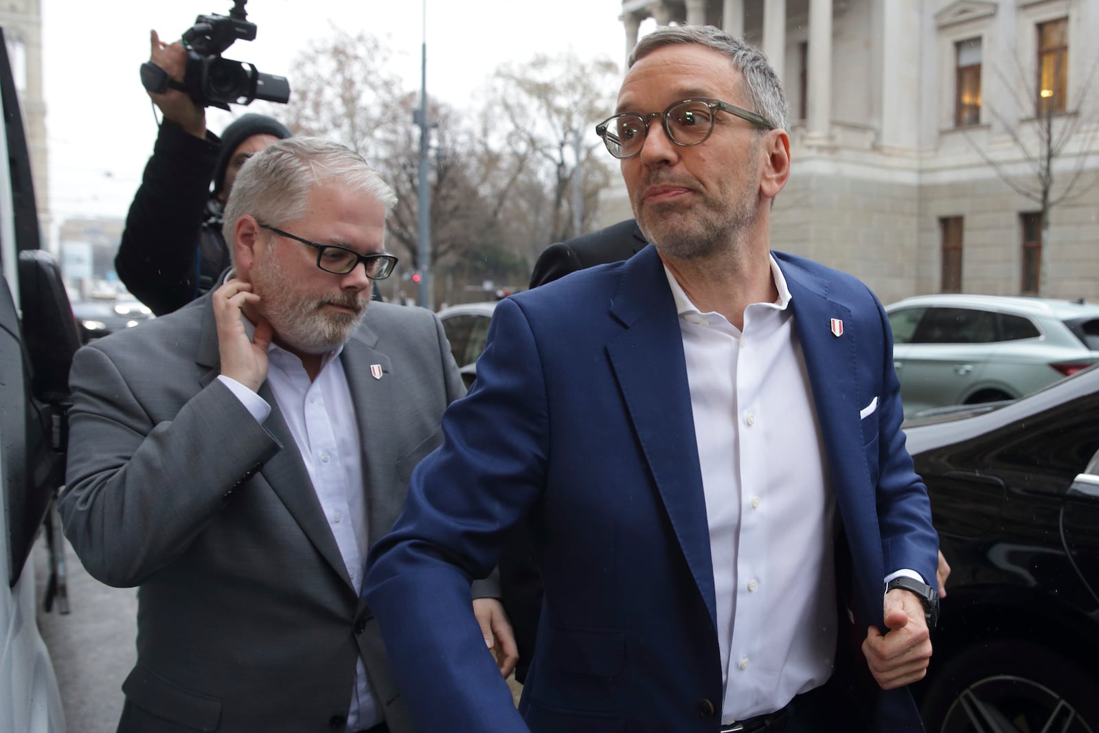 The leader of Austria's Freedom Party, Herbert Kickl, arrives at his party's headquarters in Vienna, Austria, Wednesday, Feb. 12, 2025. (AP Photo/Heinz-Peter Bader)