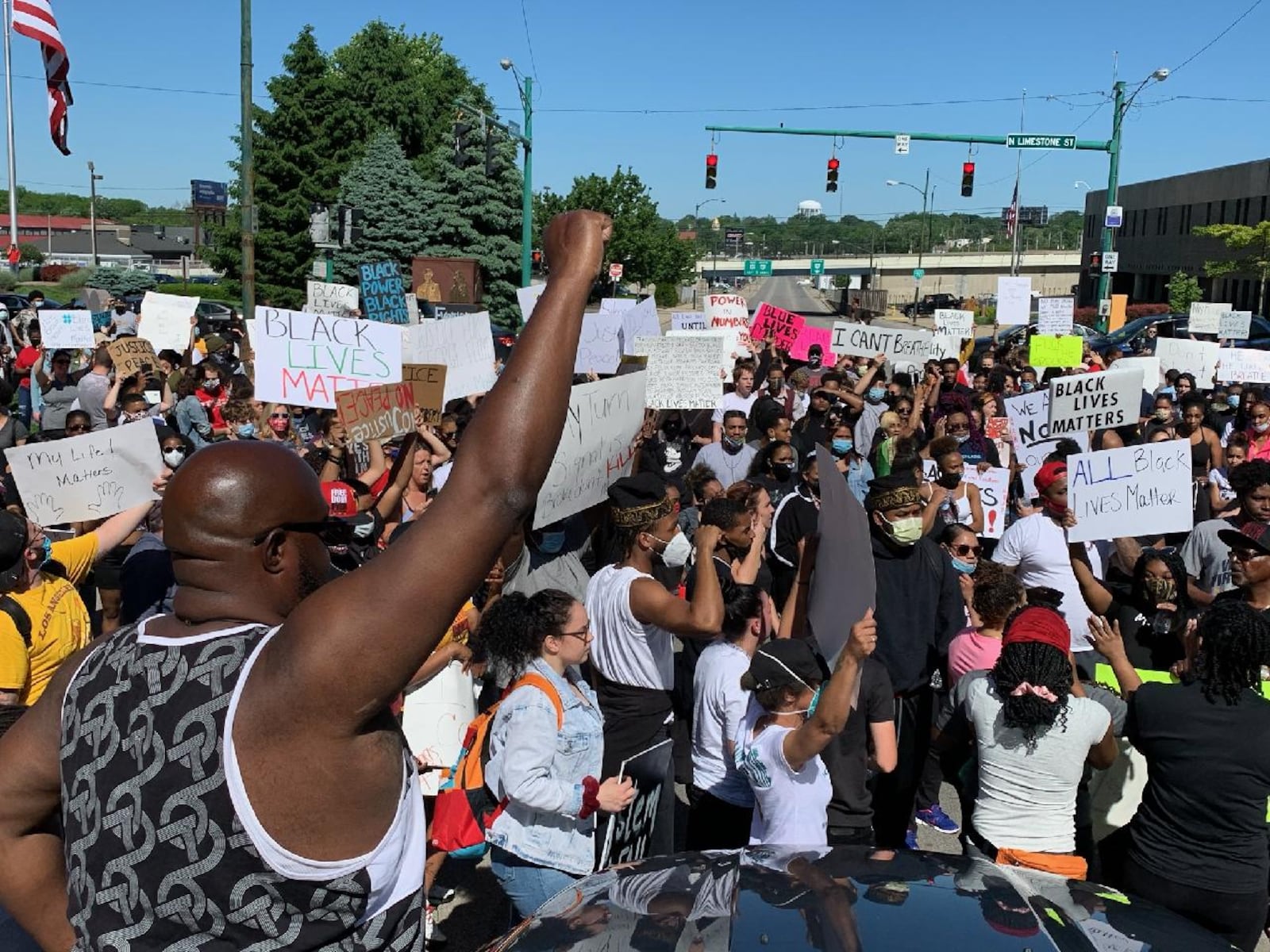 A large crowd marched through Springfield on Sunday, May 31, 2020, at one point blocking the intersection of Columbia and Limestone. BILL LACKEY / STAFF