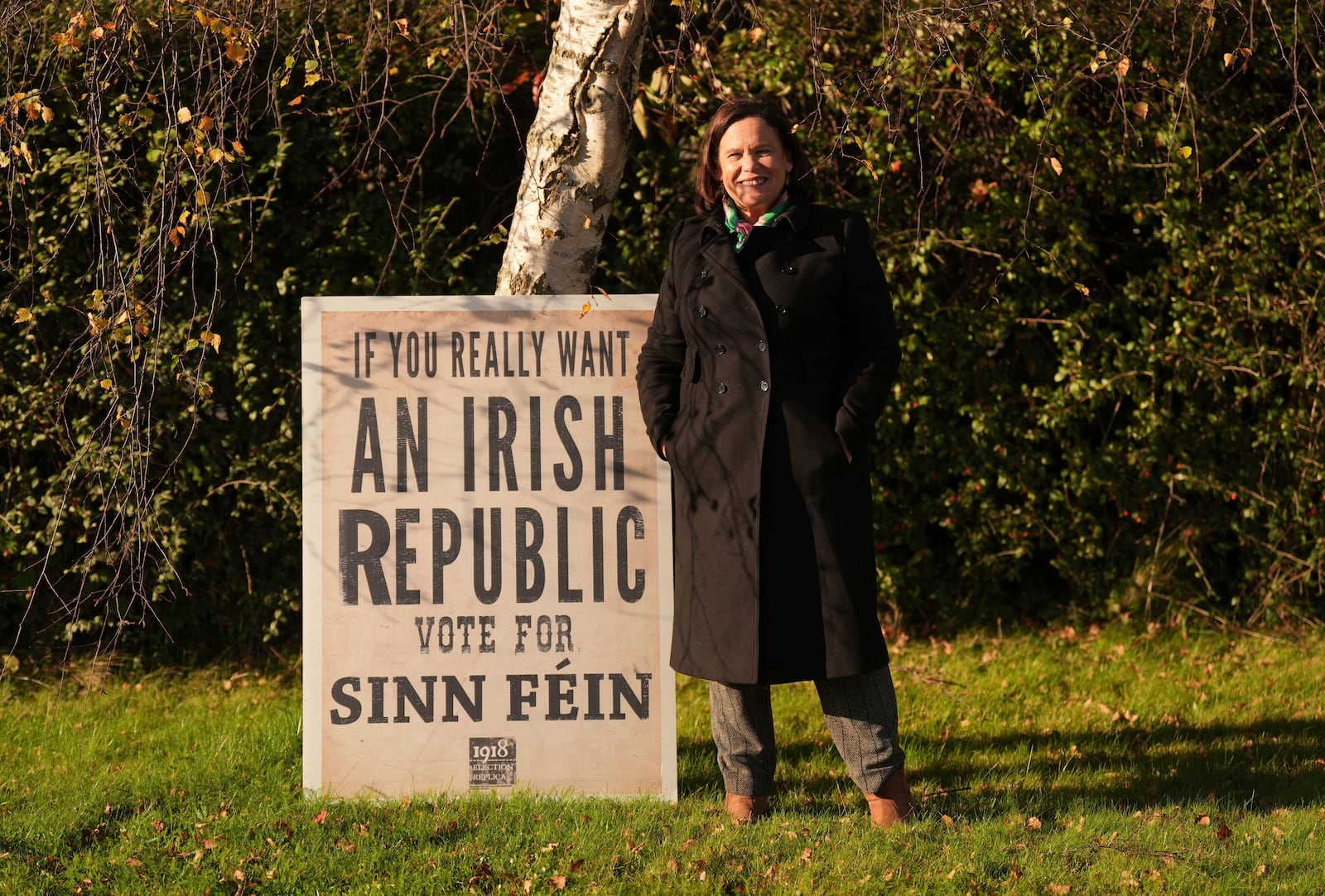 Sinn Fein leader Mary Lou McDonald poses for a photo while canvassing in Naas, Co. Kildare, Ireland, Wednesday November 27, 2024 ahead of the General Election. (Niall Carson/PA via AP)