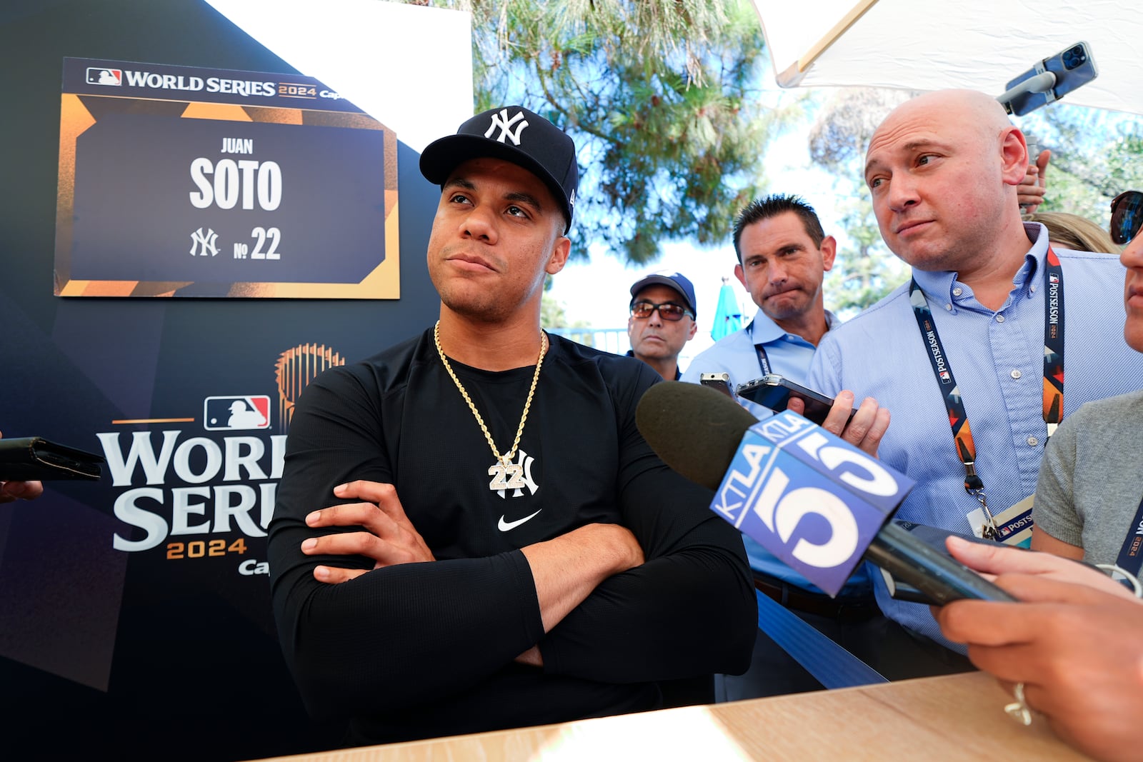 FILE - New York Yankees' Juan Soto speaks during media day for the baseball World Series, Oct. 24, 2024, in Los Angeles. (AP Photo/Julio Cortez, File)