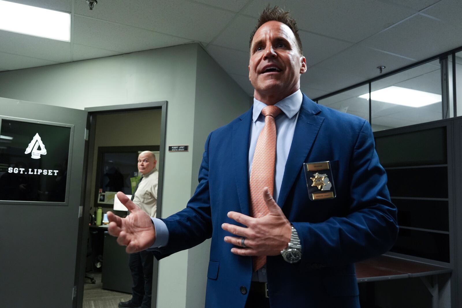 Genesee County Sheriff Chris Swanson talks in the detectives office, Jan. 28, 2025 in Flint, Mich. (AP Photo/Paul Sancya)