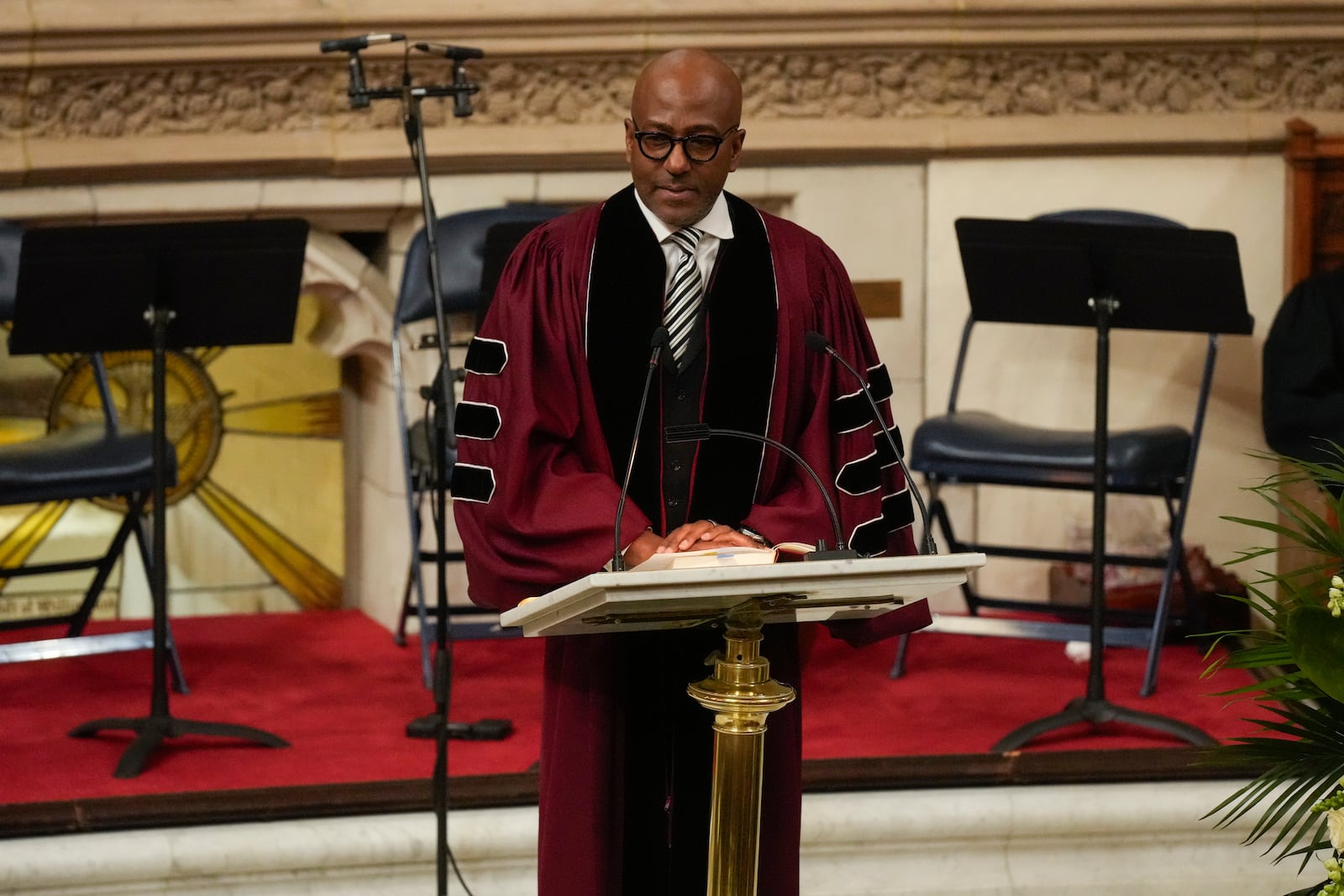 Senior Pastor of The Abyssinian Baptist Church, Reverend Dr. Kevin R. Johnson speaks during a ceremony in celebration of Roberta Flack's life at The Abyssinian Baptist Church on Monday, March 10, 2025, in New York. (AP Photo/Richard Drew)