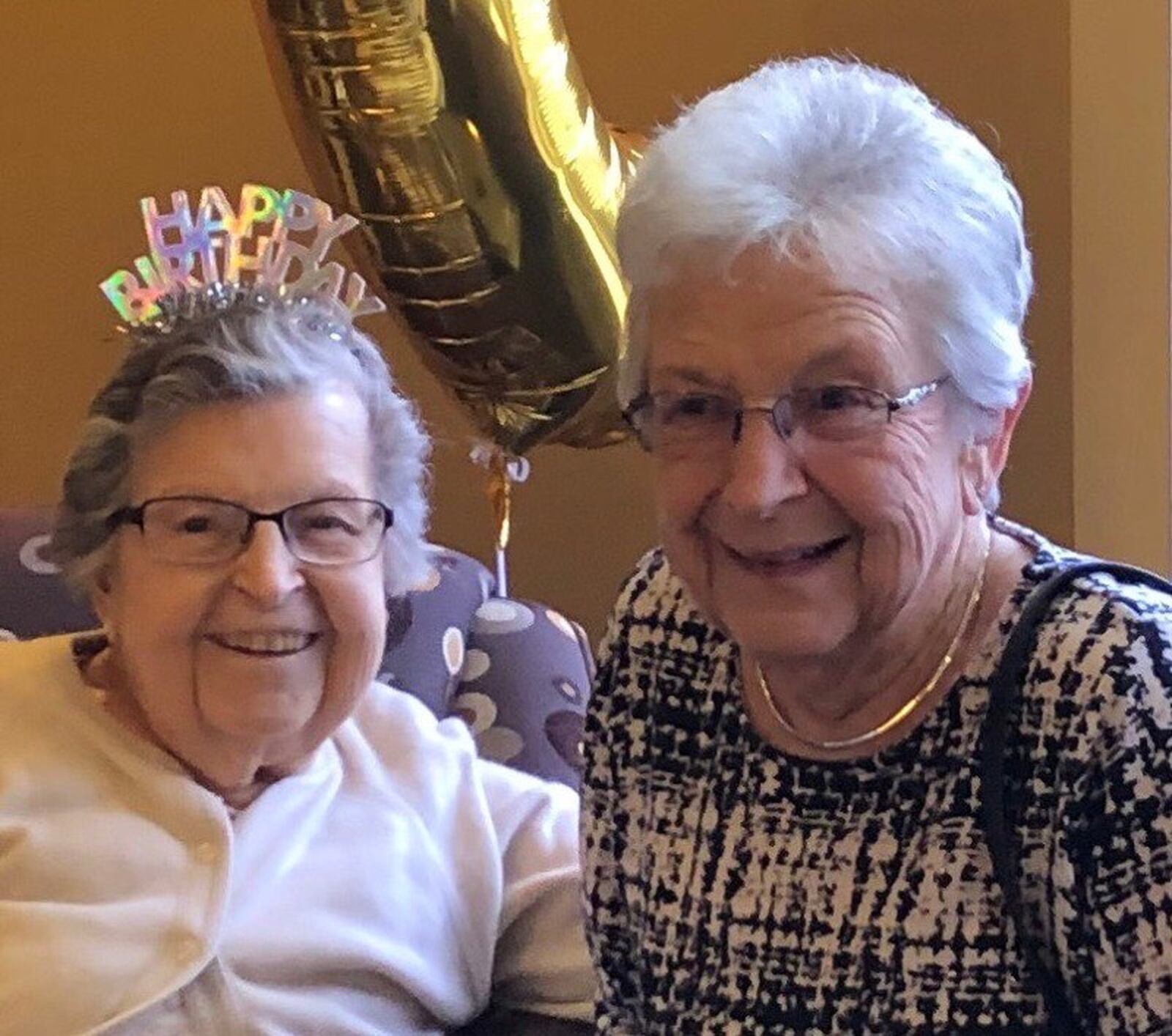 Eileen Shoemaker and her younger sister, Marlene Freund, 87, are pictured at Eileen’s 99th birthday. Her 100th birthday was Sunday, March 15. 