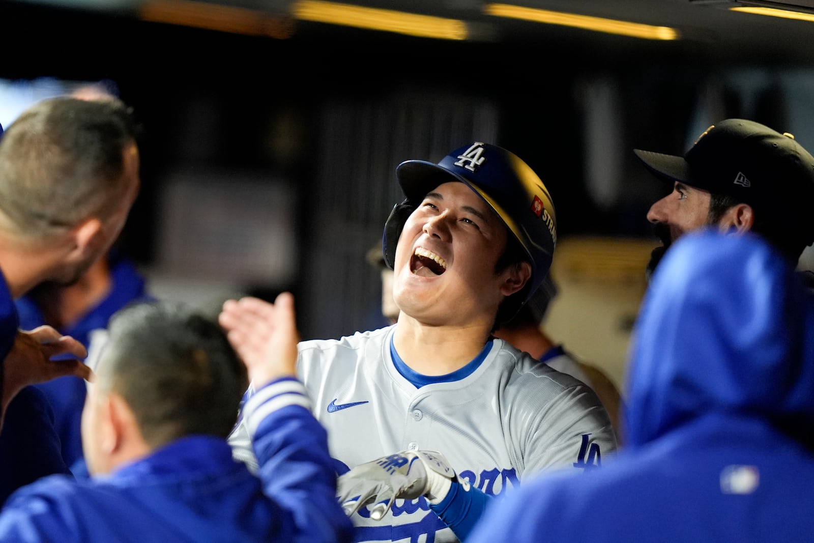 Los Angeles Dodgers' Shohei Ohtani celebrates after a home run against the New York Mets during the first inning in Game 4 of a baseball NL Championship Series, Thursday, Oct. 17, 2024, in New York. (AP Photo/Frank Franklin II)