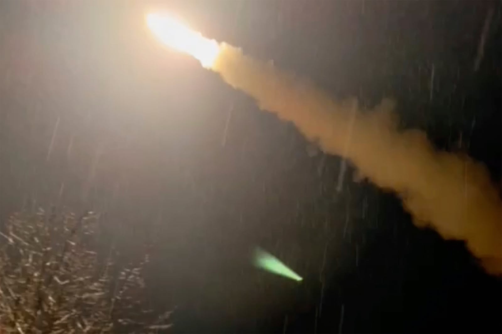 This image was made from a video posted by a Telegram channel affiliated with the Ukrainian military on Tuesday, Nov. 19, 2024. The channel says it shows a U.S.-supplied ATACMS missile being fired from an undisclosed location in Ukraine. The Associated Press cannot independently verify the date and location the video was filmed. (Lachen Pyshe Telegram via AP)