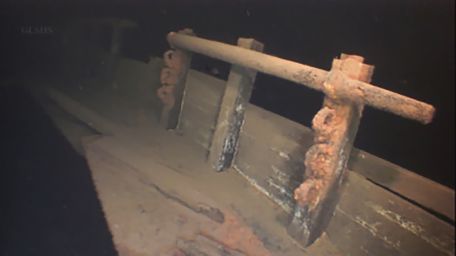 This image provided by Great Lakes Shipwreck Historical Society shows a deck rack on the bow of the Western Reserve cargo ship beneath Lake Superior, on July 30, 2024. (Great Lakes Shipwreck Historical Society via AP)