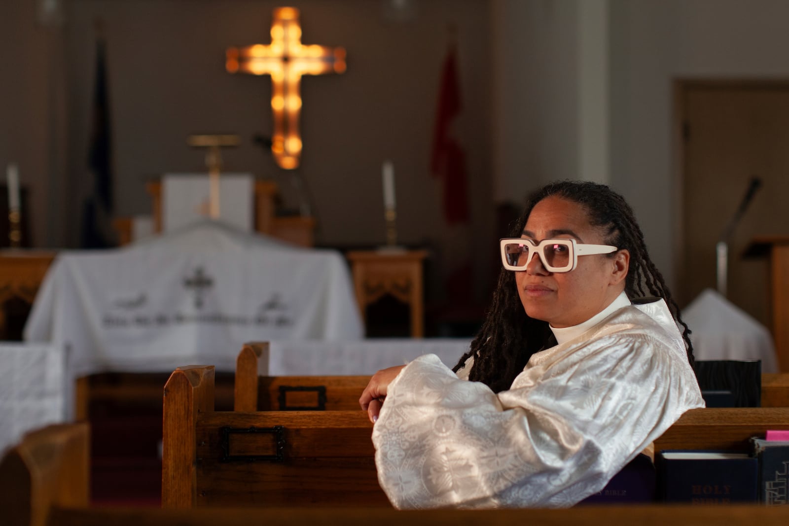 The Rev. Jennifer Susanne Leath poses for a photo at Tanner-Price AME Church in Windsor, Ont., Sunday, Oct. 6, 2024. (AP Photo/Dax Melmer)